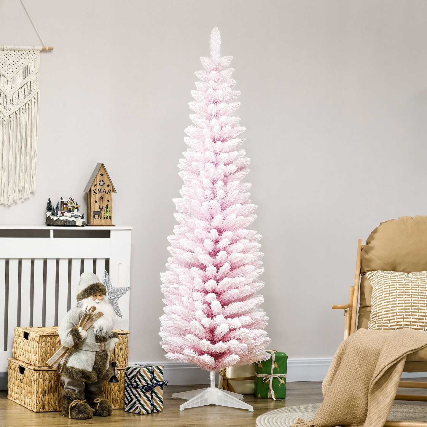 Edge Collections - 6' - Pink - Snow Flocked Artificial Pencil Christmas Tree for Indoor Decoration - 1 Piece