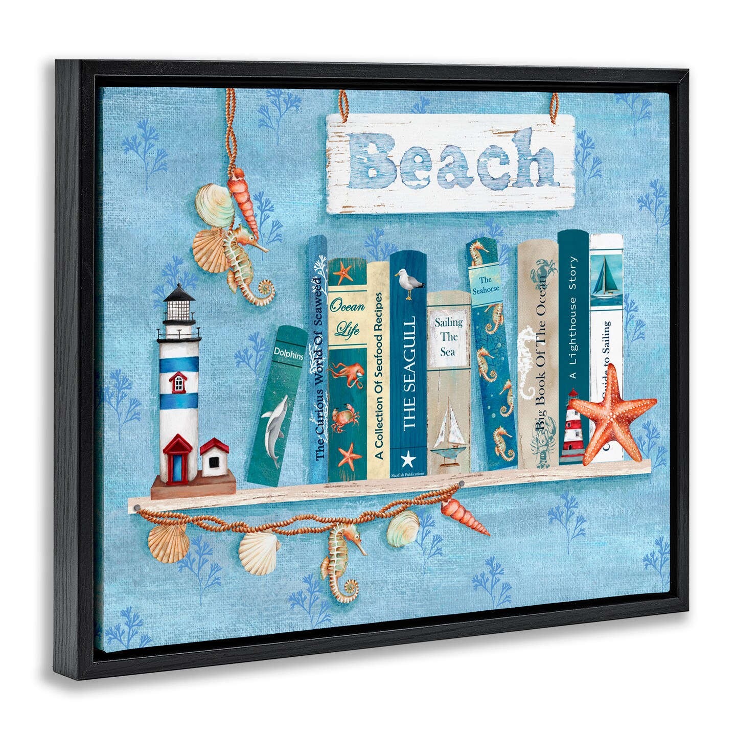 Stupell Industries Beachy Book Shelf Panel Black Framed Floater Canvas Wall Art, design by Emma Leach