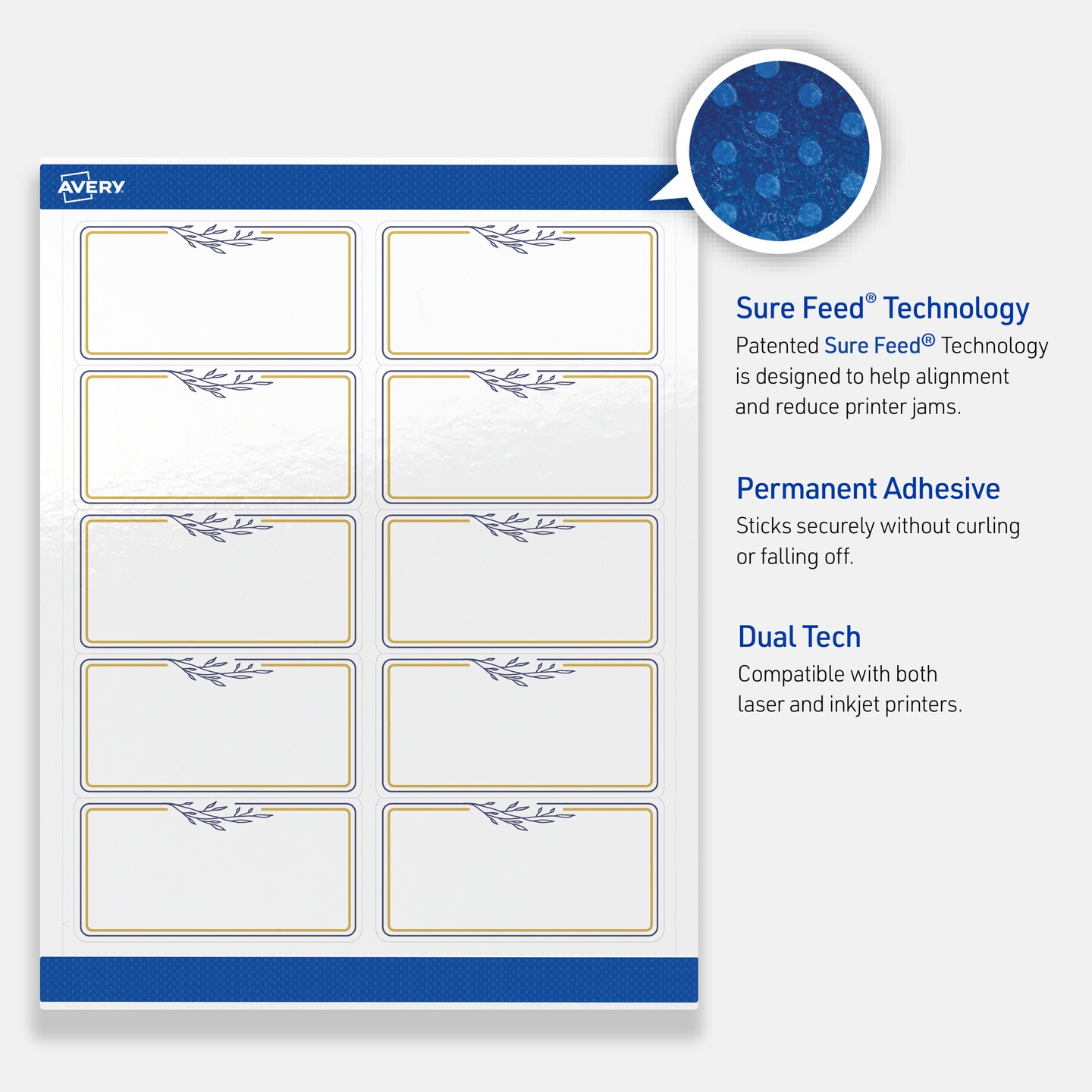 Avery Printable Rectangle Labels, Gold &#x26; Navy Border with Florals, 2&#x22; x 4&#x22;, Glossy White Rectangle Labels, Permanent, Laser/Inkjet, 100ct, Great for Product Labels