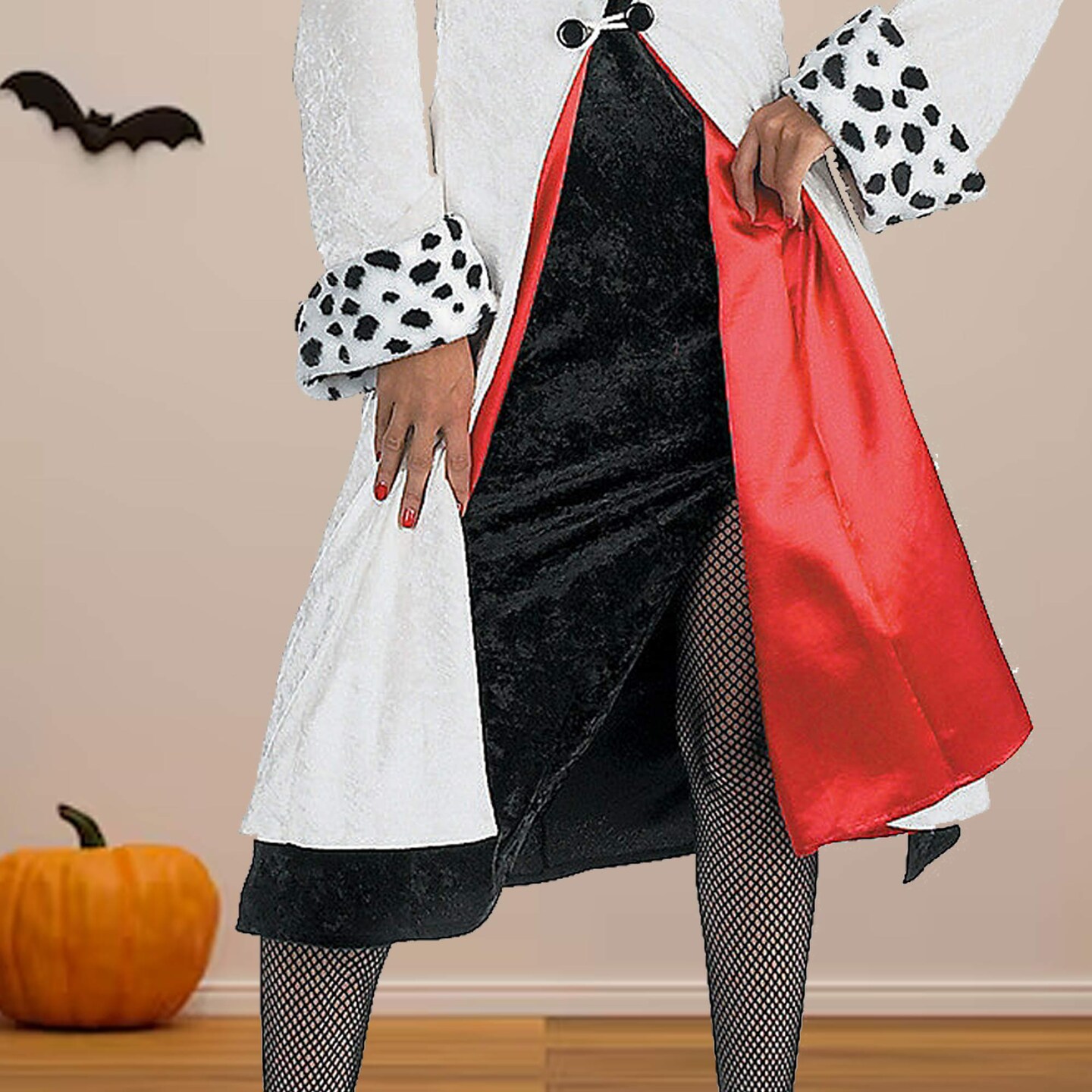 Womens Cruella De Vil Costume Soft Velvet Dress With Deluxe Spotted Coat