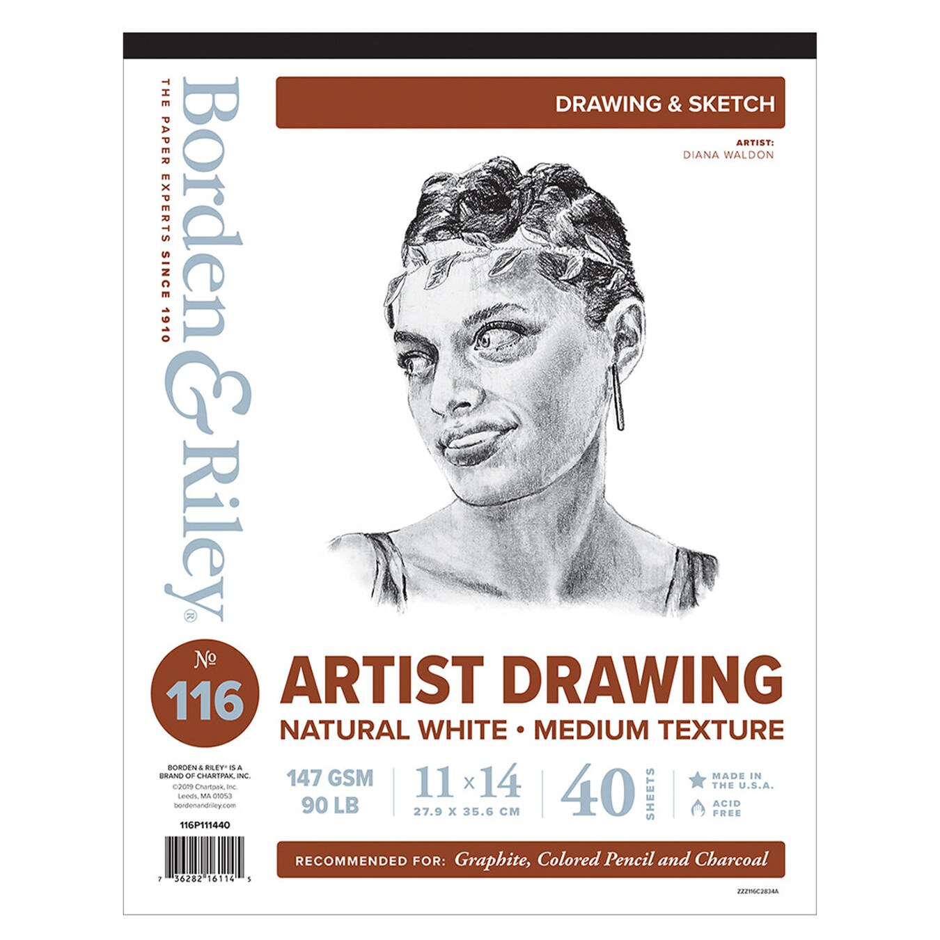 Borden & Riley #116 Artist Drawing/Sketch Pad, 147 GSM/90 lb., 40 White Sheets, 1 Pad Each