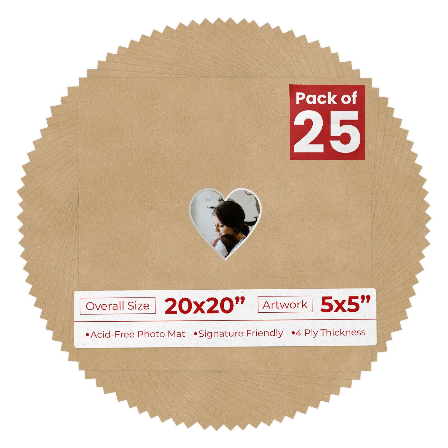 Beige Suede Mat Board for 20x20 Frames - Heart Opening for 5x5 Photos