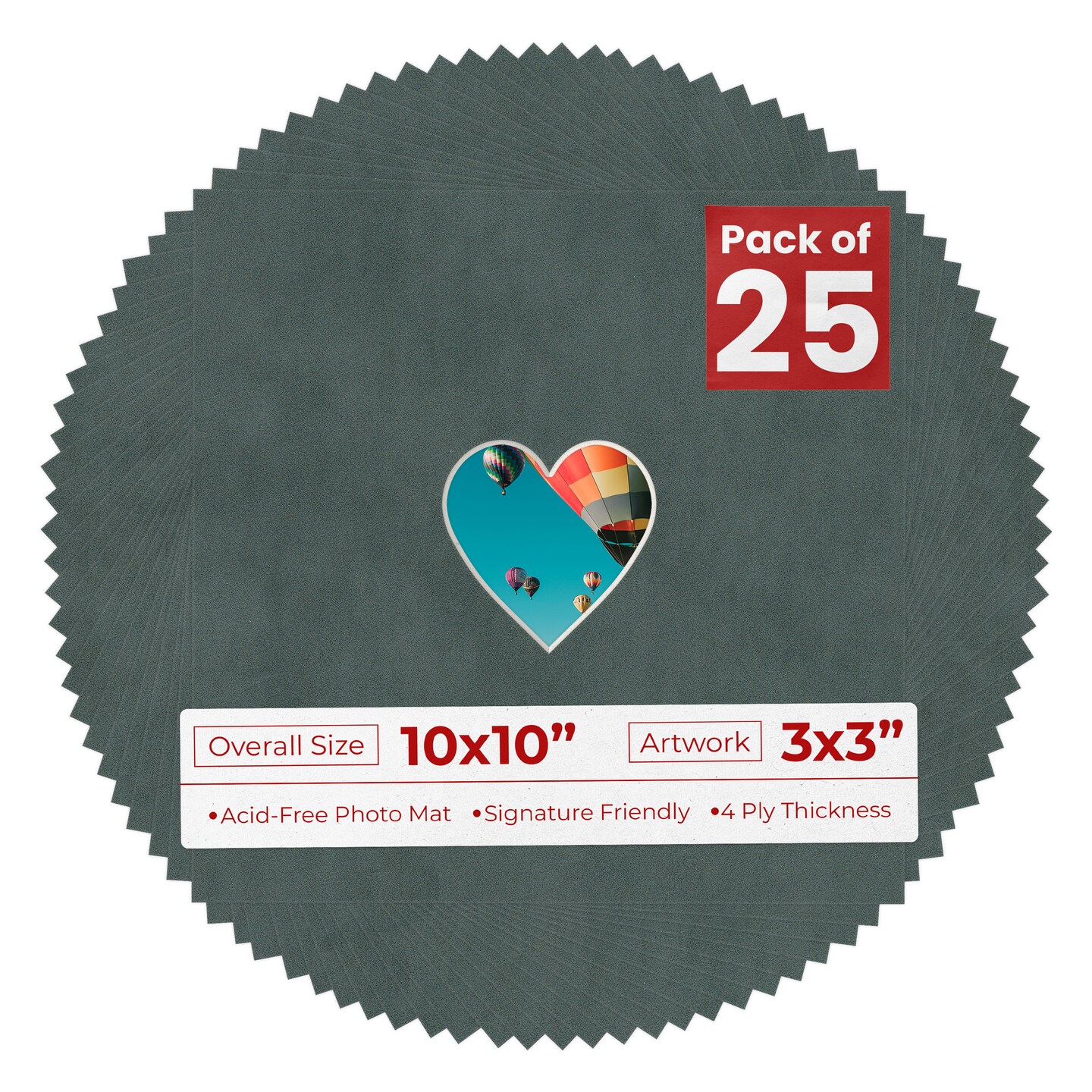 Dark Grey Suede Mat Board for 10x10 Frames - Heart Opening for 3x3 Photos
