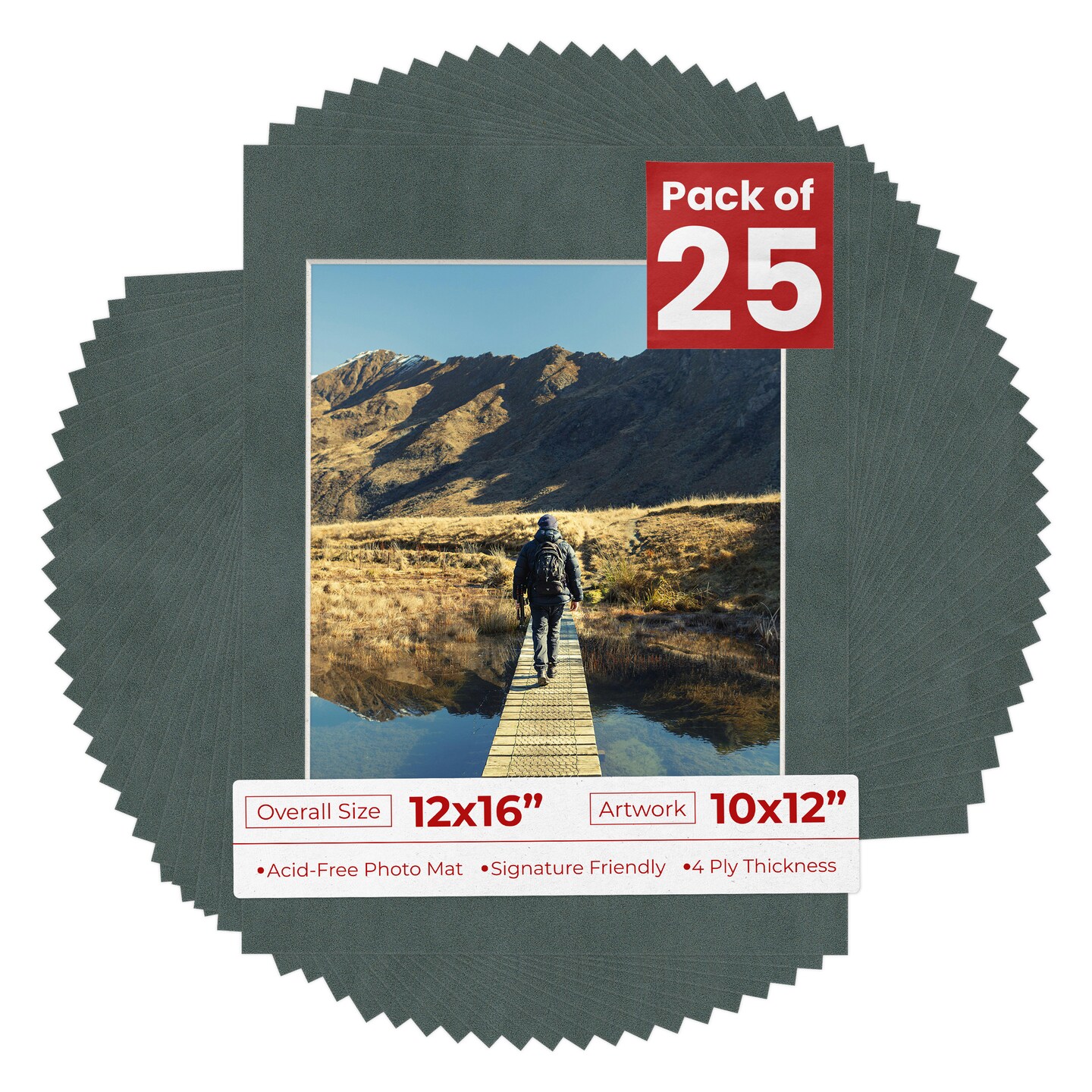 Dark Grey Suede Mat Board for 12x16 Frames - Fits 10x12 Photos