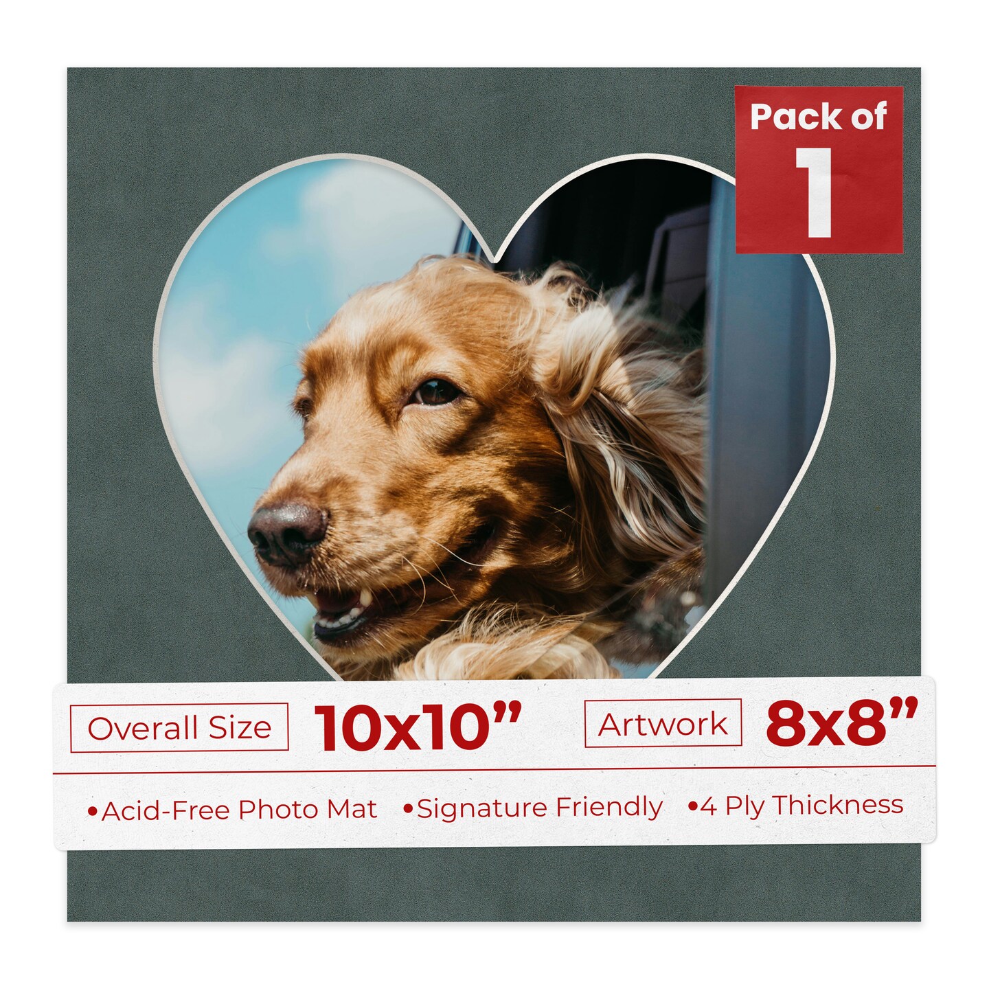 Dark Grey Suede Mat Board for 10x10 Frames - Heart Opening for 8x8 Photos