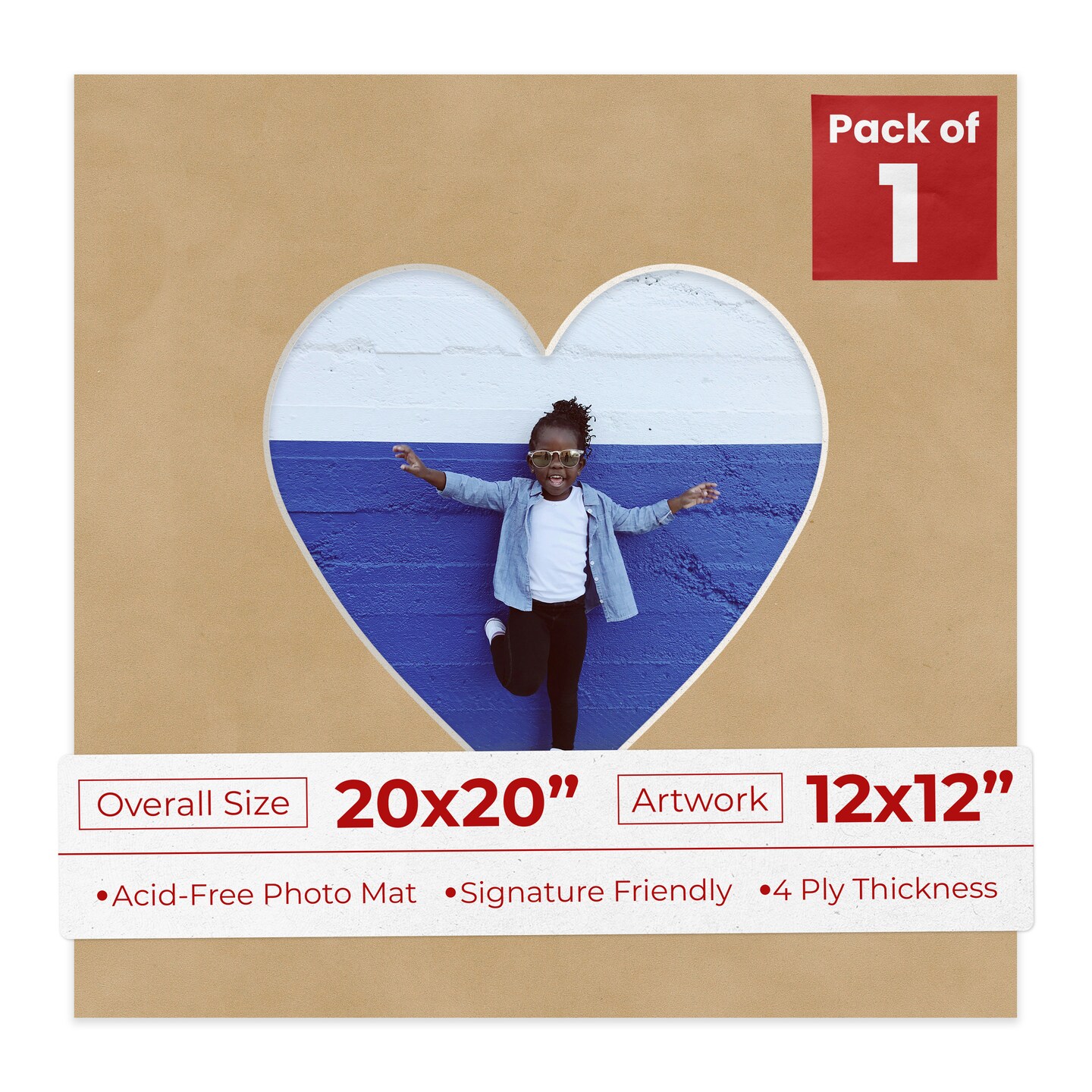 Beige Suede Mat Board for 20x20 Frames - Heart Opening for 12x12 Photos