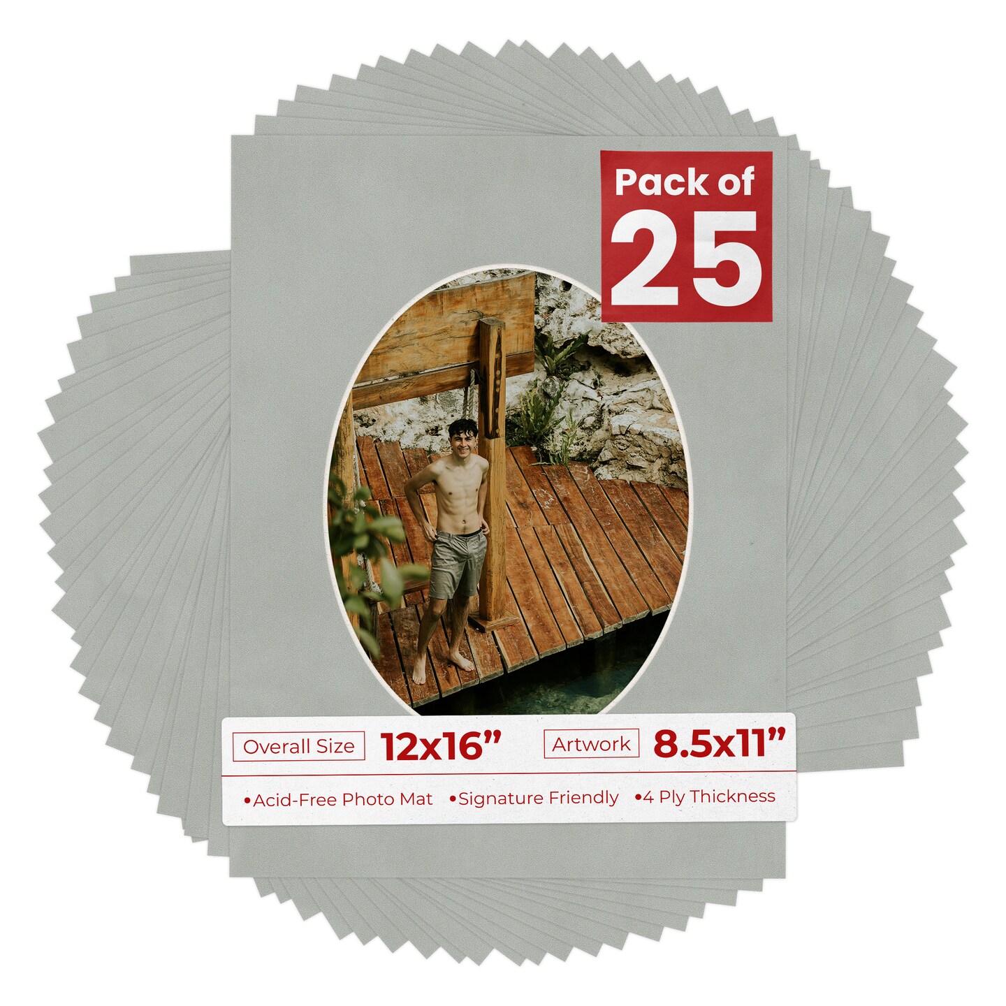 Light Grey Suede Mat Board for 12x16 Frames - Oval Opening for 8.5x11 Photos
