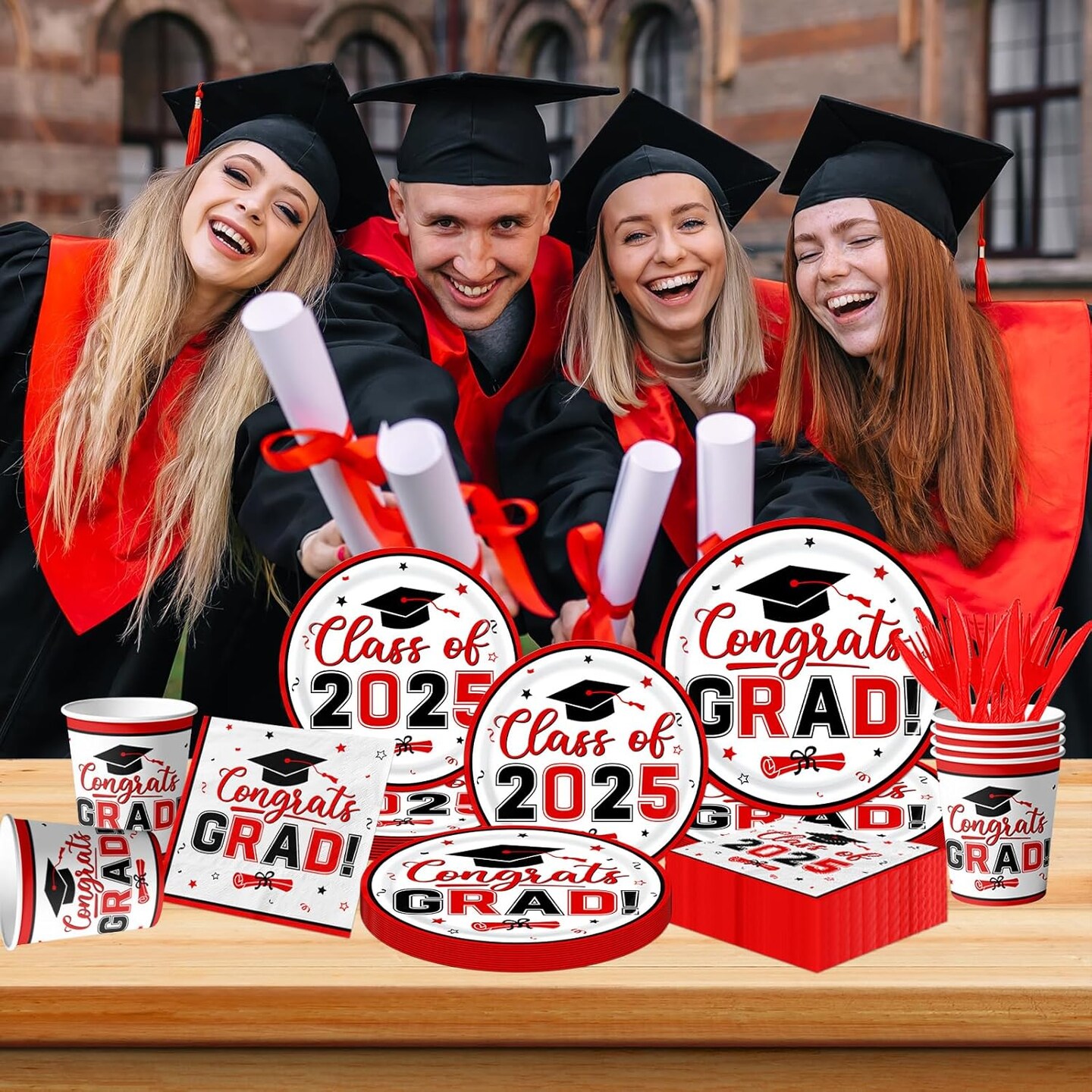 Red and Black Graduation Decorations Dinnerware Set, Class of 2025 Graduation Plates and Napkins, Graduation Plates and Cups and Napkins Set for Congrats Grad Party Decorations