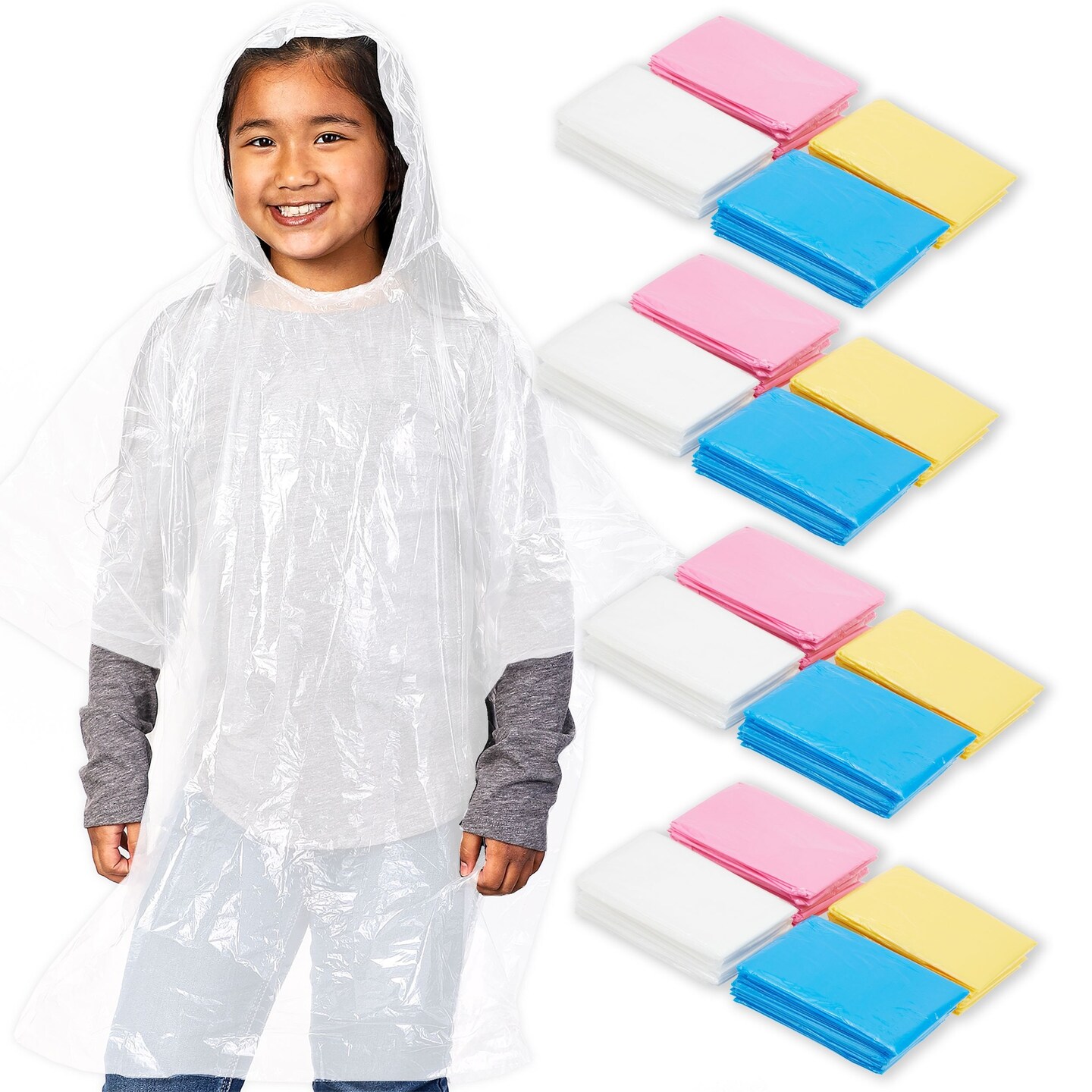 20-Pack Disposable Rain Ponchos for Kids - Emergency Plastic Raincoats with Hood for Boys and Girls Ages 3-14 (4 Colors, Clear)