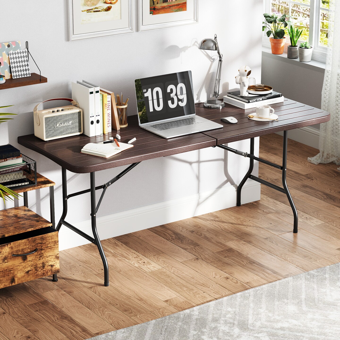 6 Feet Wood Grain HDPE Folding Table with Safety Lock and Metal Legs Perfect for Outdoor Use