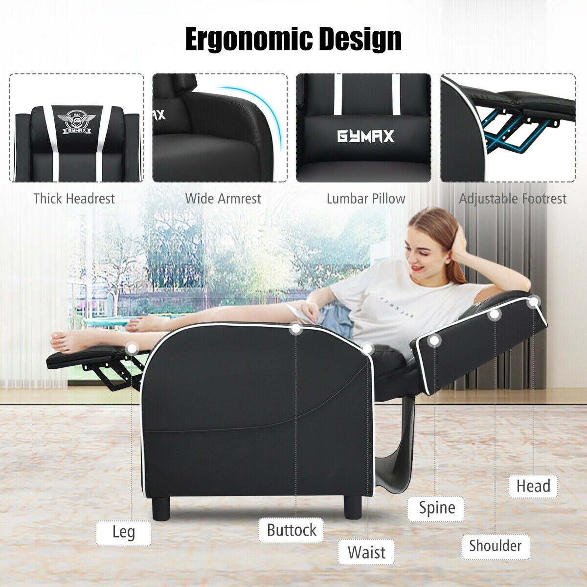 Massage Racing Gaming Single Recliner Chair with Adjustable Backrest and Footrest