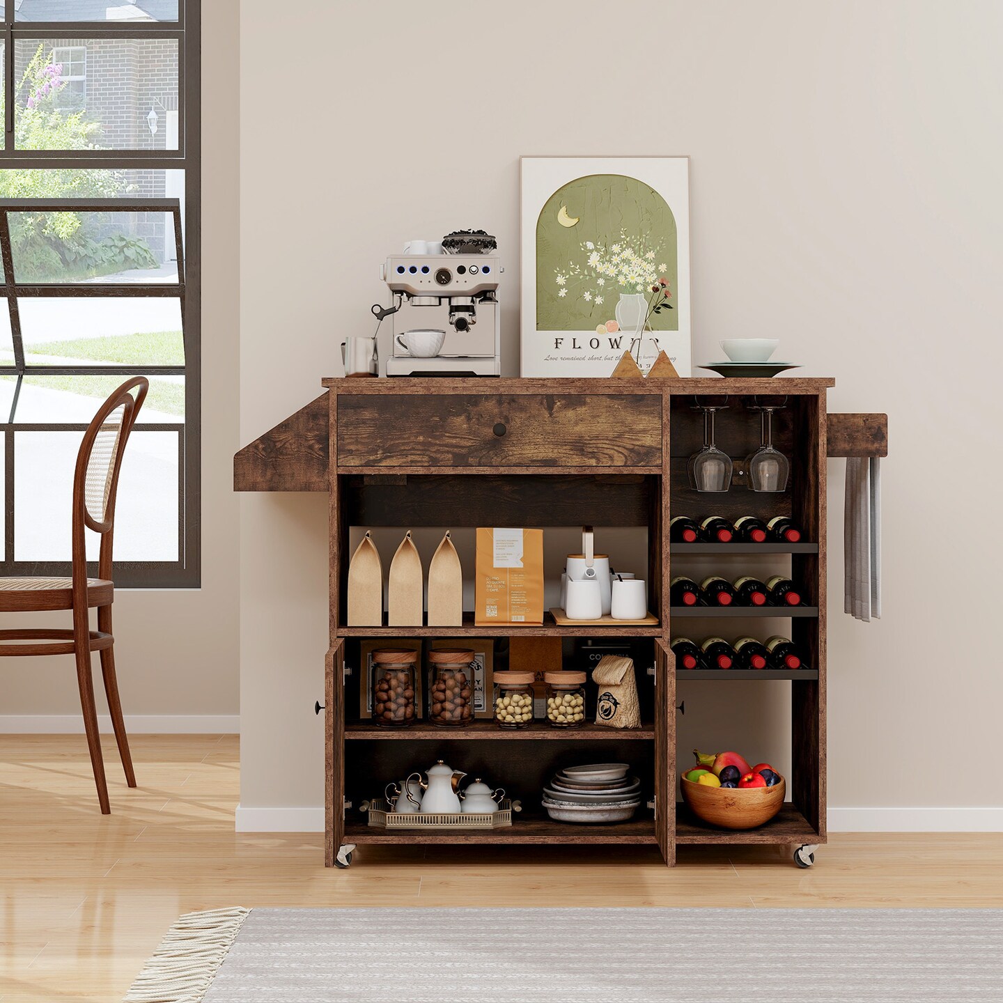 Kitchen Island Cart, Engineered Wood, Wine Rack, USB and AC Charging, Lockable Wheels