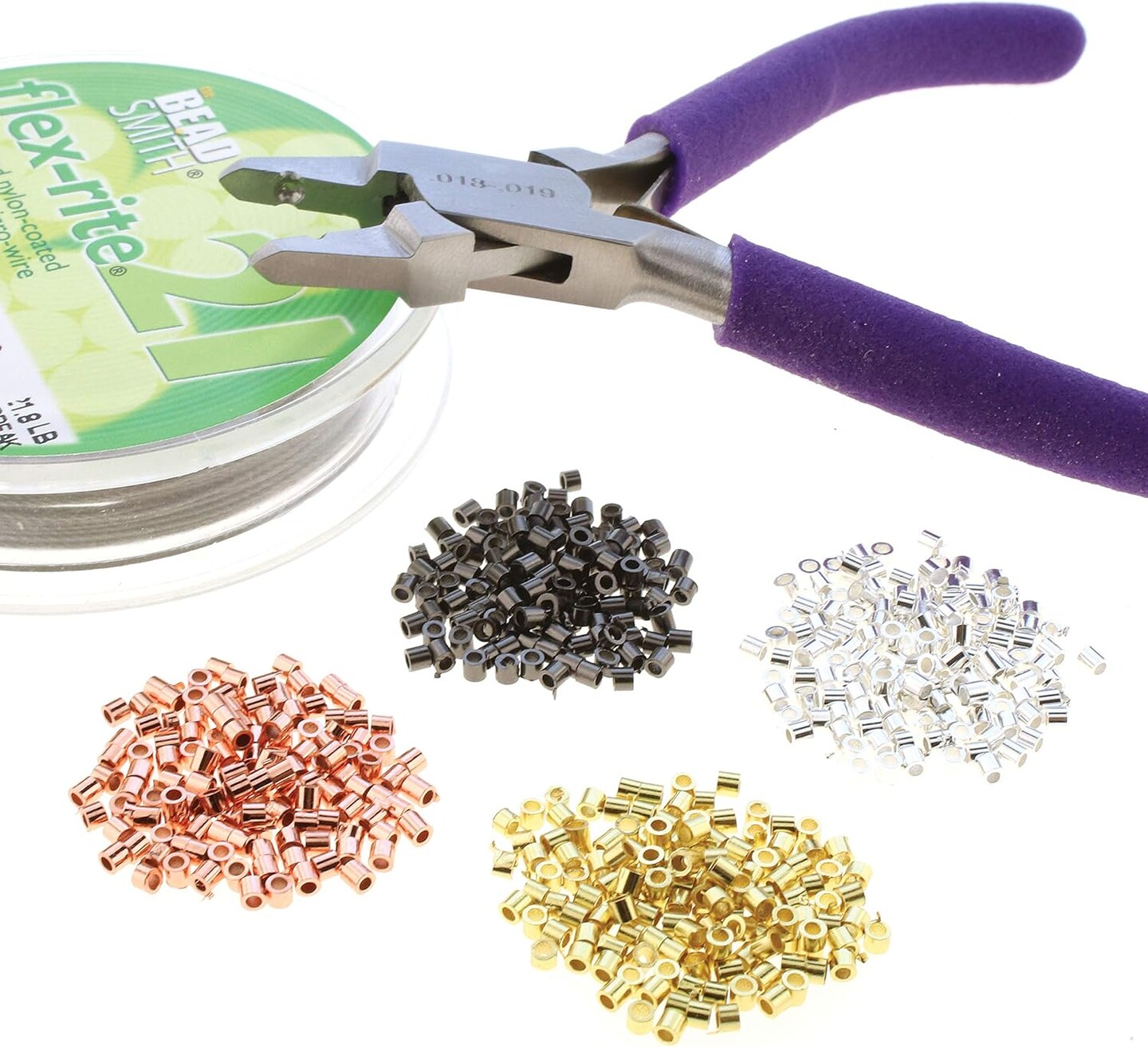 The Beadsmith Magical Crimper Kit - Includes Crimp Forming Pliers, 500 2x2 mm Crimp Tubes in Assorted Colors, and 21-Strand Flex-Rite Wire