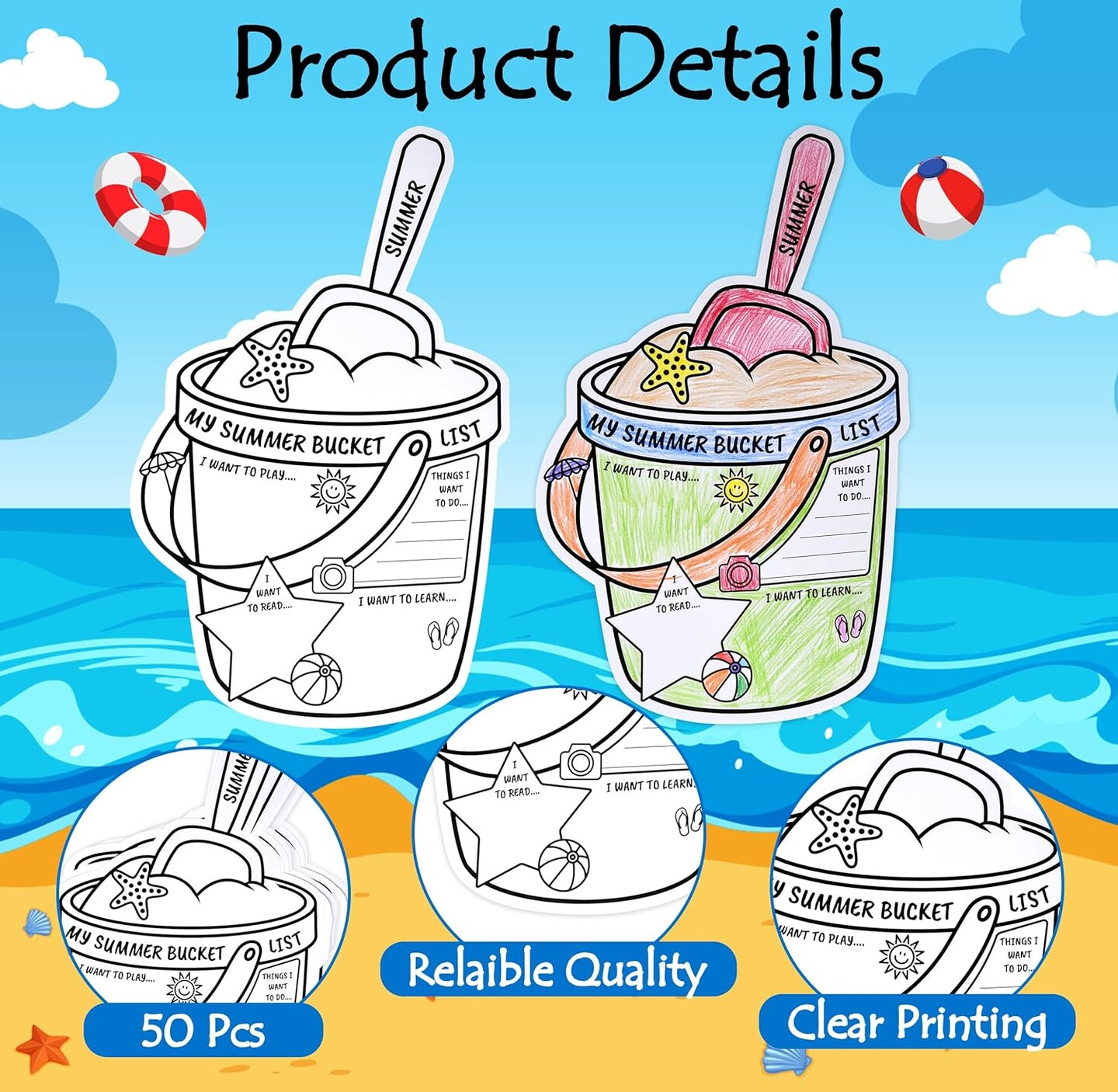 50 Pcs My Summer Bucket List Activity Poster for Kids Color Your Own Vacation Break Ideas Checklist Coloring Sign