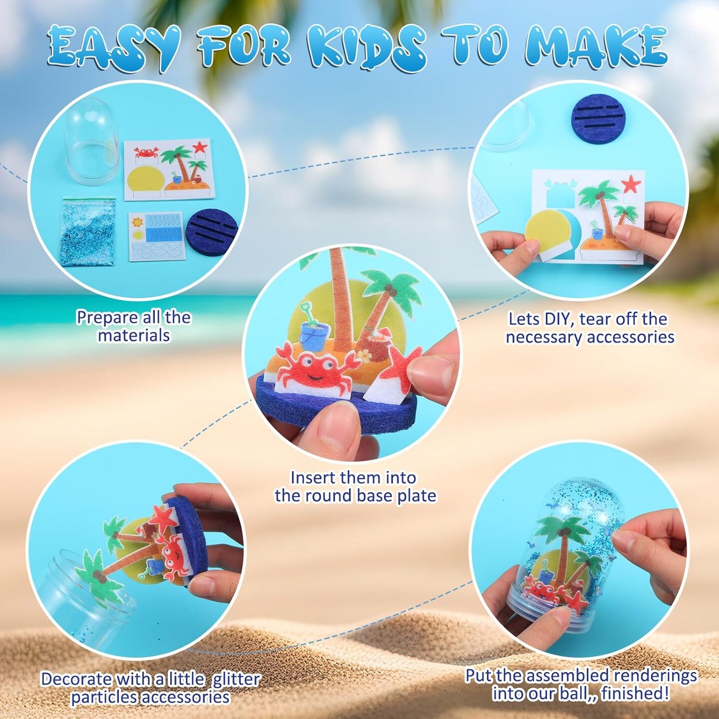 12 Set Summer Snow Globe Craft Kit for Kids Make Your Own Snowball Summer Bunny Umbrella Bee Glitter Plastic DIY Snow Globe
