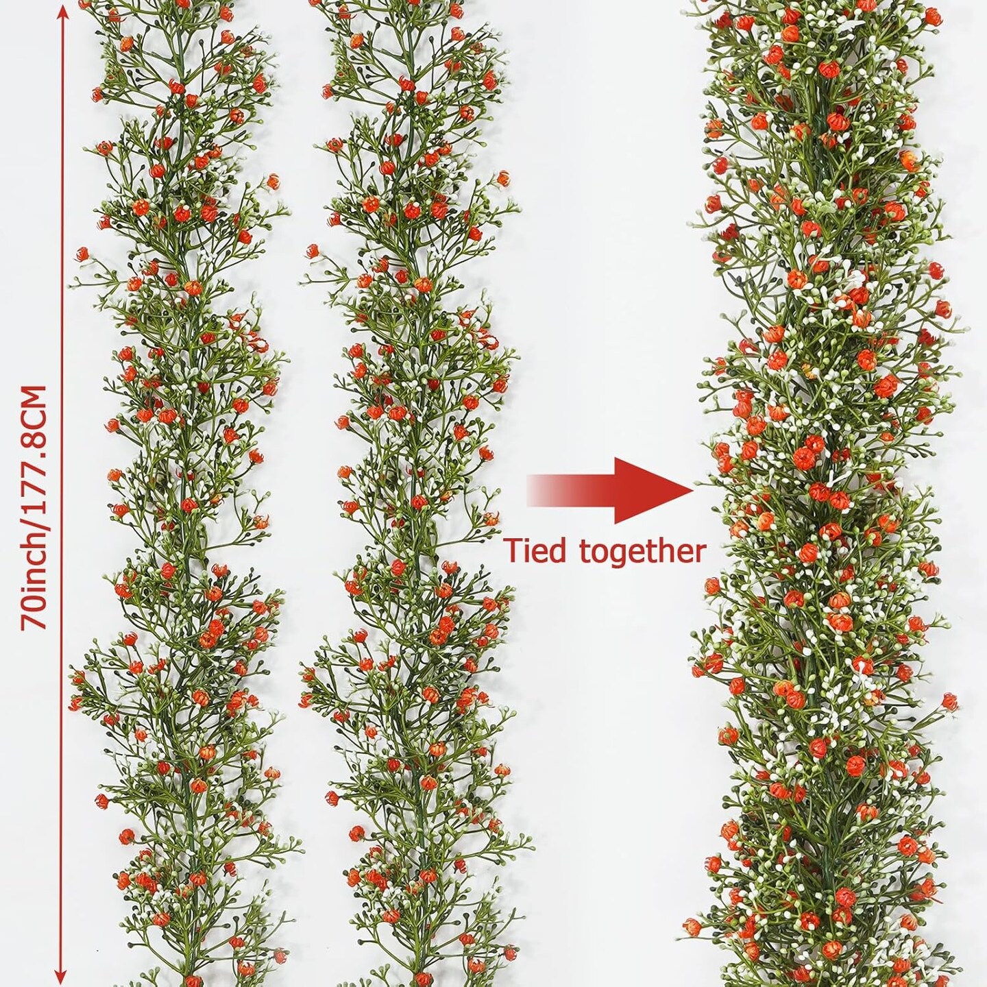 2 Pcs 5.8ft Artificial Baby Breath Flower Vines, Babys Breath Artificial Flowers Real Touch Faux Gypsophila Hanging Fake Baby's Breath Garlands for Wedding and Baby Shower Decor(Red-Orange)