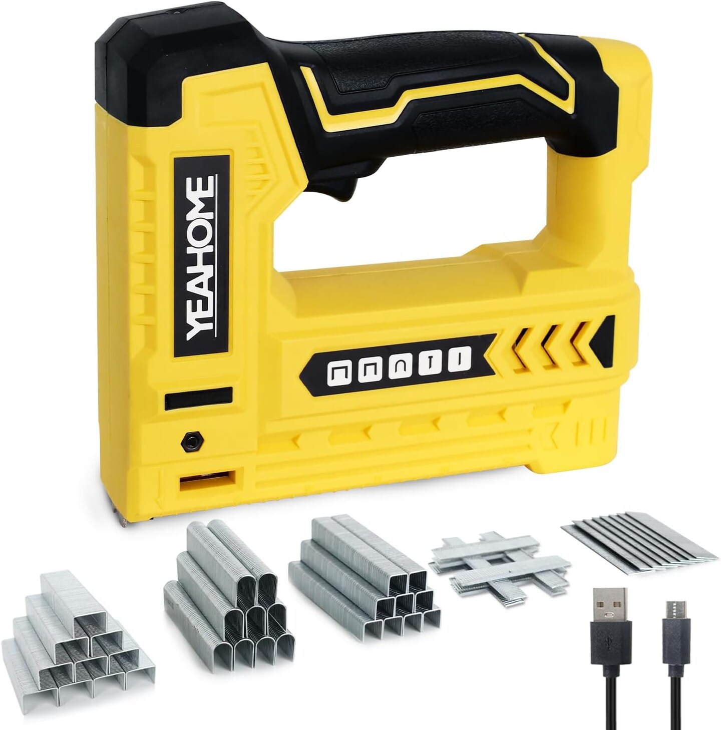 Electric Staple Gun, 5 in 1 Cordless Staple Gun for Upholstery with 1200 5/16&#x22; Staples, 600 1/2&#x22; U-Shape Staples, 600 19/32&#x201D; pin Nails, 60019/32&#x201D; Nails and 1 USB Charger Cable