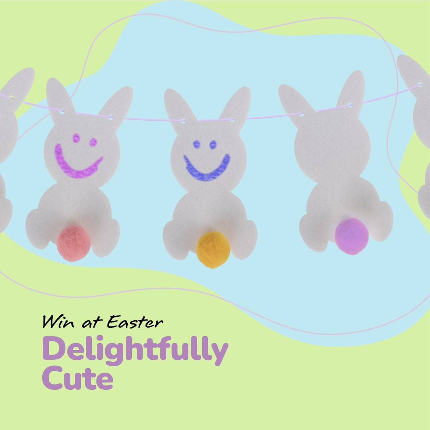 Easter Bunny Garland - Hanging Decorations Set with 10 Felt Rabbits, 9 Feet of Ribbon, and Needle for Stringing - Easter Bunny Decorations for Home, Office, or Classroom