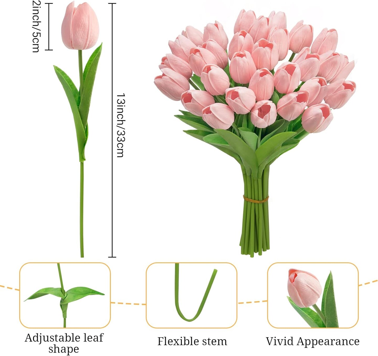 30 piece set of pink artificial tulip flowers made from real touch PU material, featuring lifelike faux stems designed for spring and summer bouquets, ideal for floral arrangements, table décor, parties, weddings, Easter, Mother’s Day gifts, and home