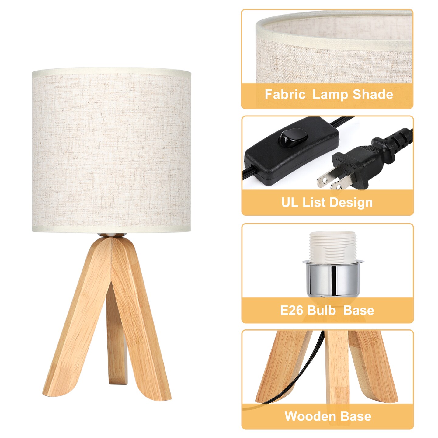Small Bedside Table Lamp Wooden Tripod Nightstand Lamp with Fabric Linen Shade