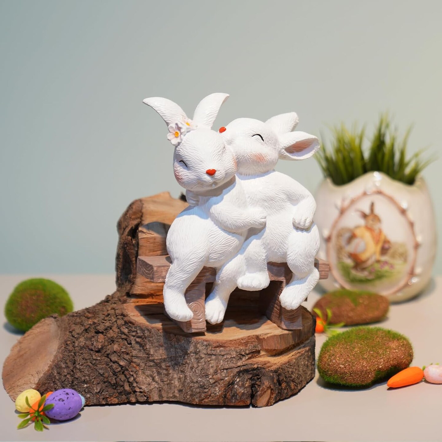 Easter Rabbit Decor Outdoor Garden Decor - Easter Décor Garden Sculptures Statues Rabbit Bunny Figurines Home Décor Resin Bunny Couple Sitting on Bench Garden Sculptures 6.75*3.25*8 inch LC Lcdecohome
