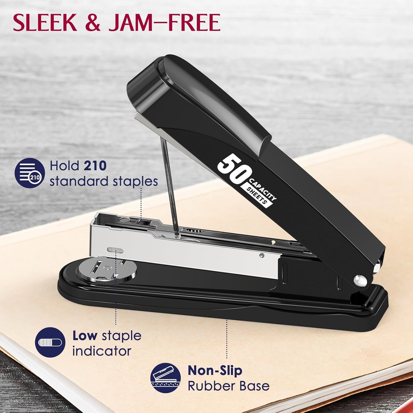 Metal Stapler Heavy Duty 50 Sheet Capacity with 1750 Staples and Staple Remover, Full Strip Staplers for Desk, No Jam, Non-Slip Office Stapler with Staples for Office &#x26; Classroom, Black