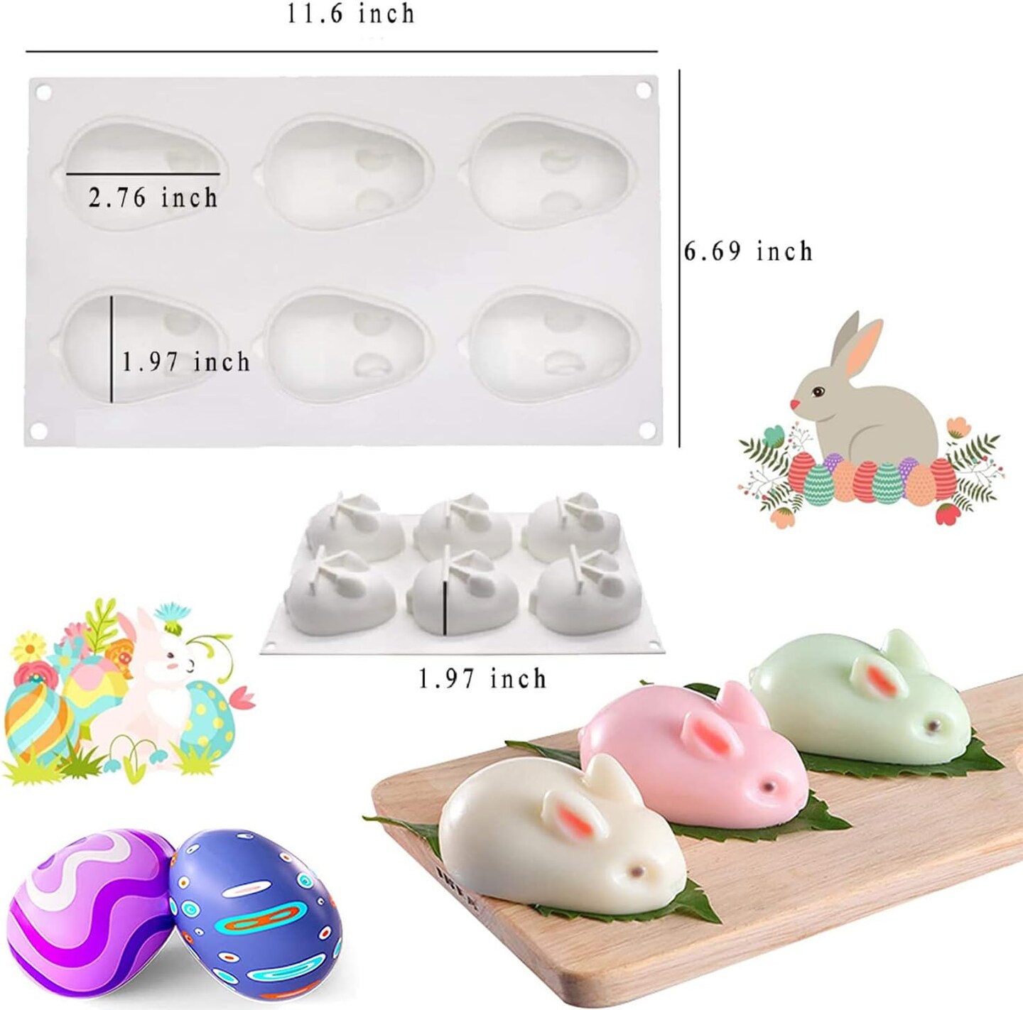3D Easter Bunny Chocolate Silicone Mold, 6 Cavity Silicone Rabbit Mold, Silicone Chocolate Baking Mould for Easter Pastry Truffle Pudding Jelly Dessert Decoration&#xFF08;1 Pack)