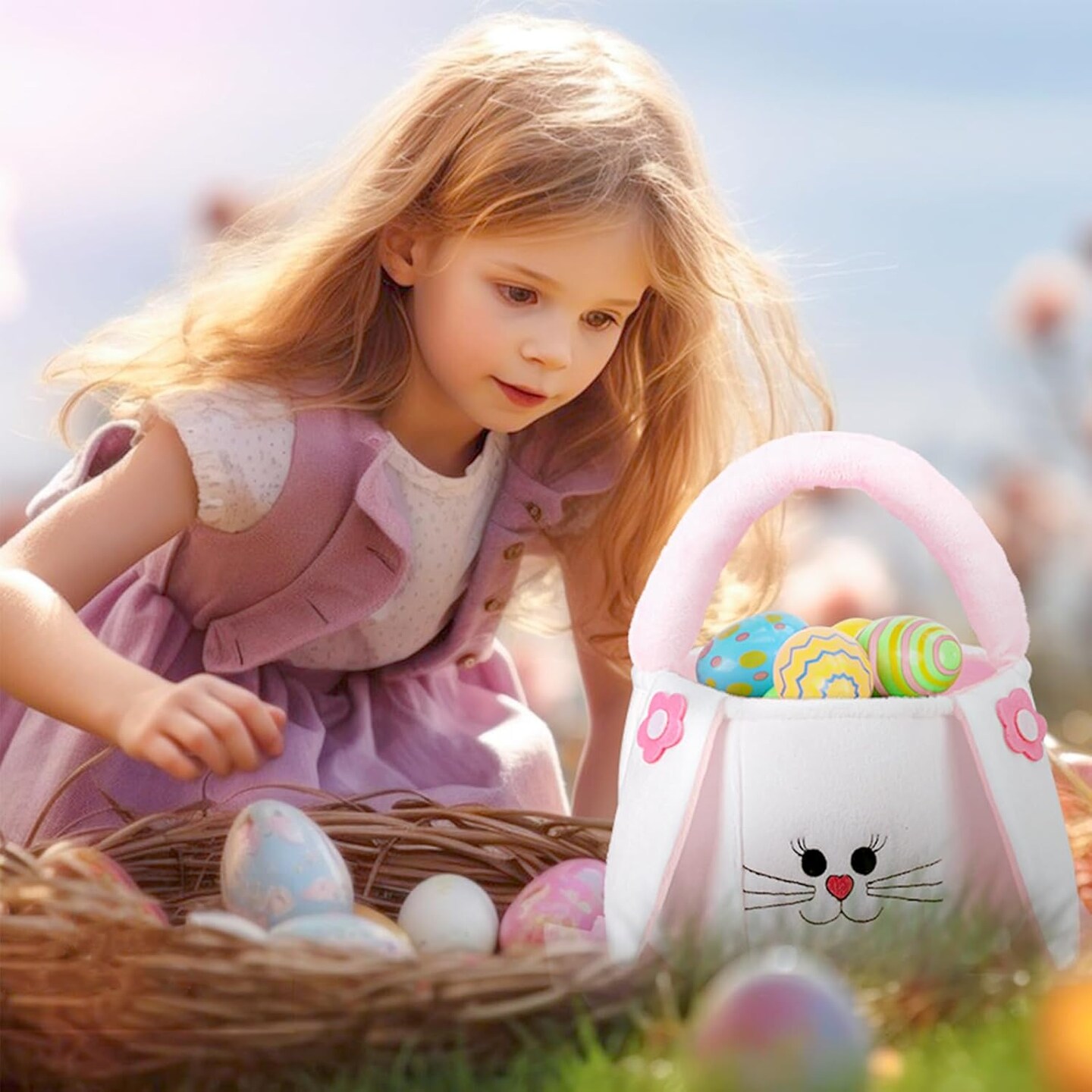 Easter Basket for Kids Empty - Bunny Easter Buckets with Rabbit Ears, Large Easter Basket Tote Bags for Egg Hunts, Easter Gifts for Girls
