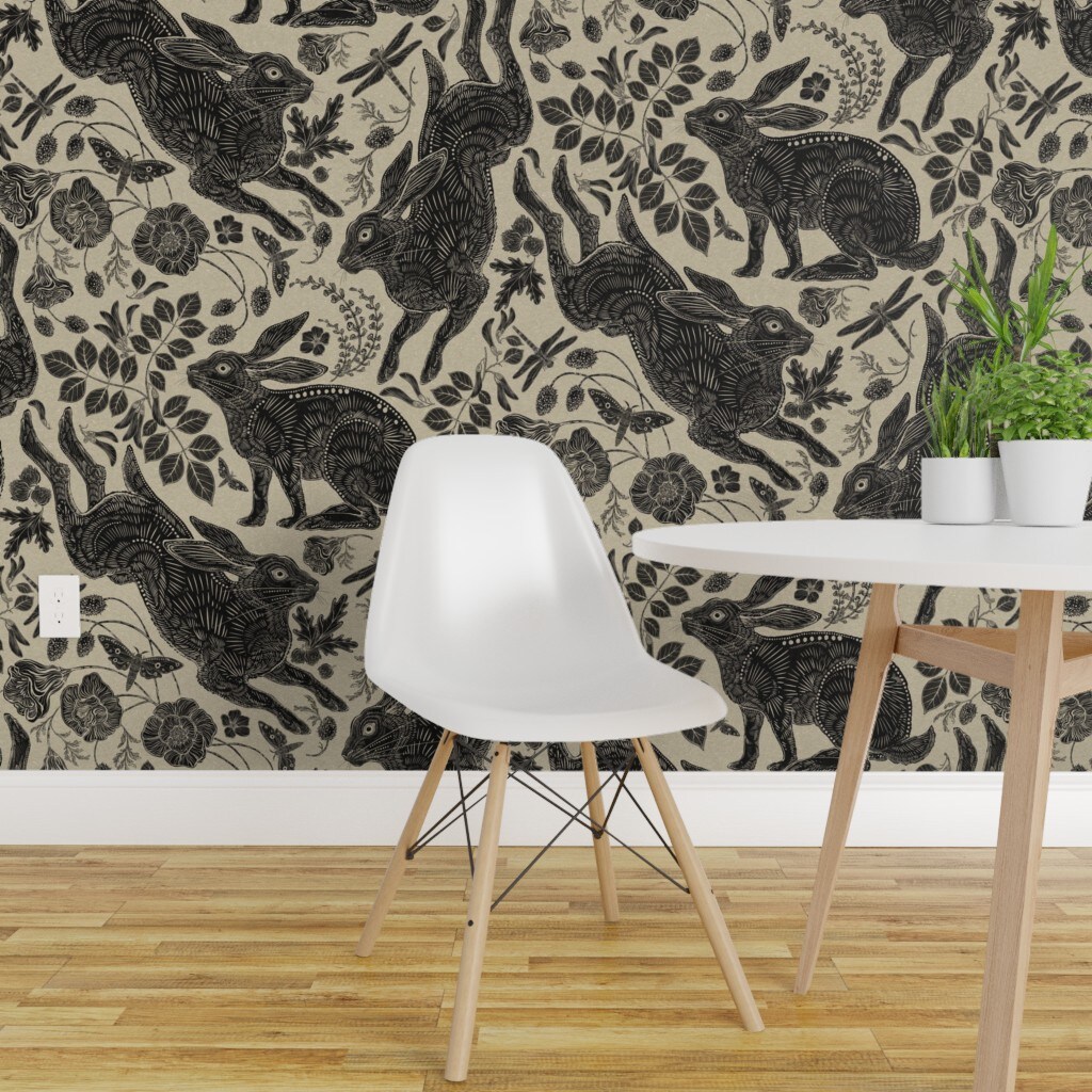Peel &#x26; Stick Wallpaper 2FT Wide Block Print Bunnies Linocut Woodblock Hares Woodland Neutral Charcoal Gray Beige Background Botanical Leaves Foliage Forest Nursery Gender Custom Removable Wallpaper by Spoonflower