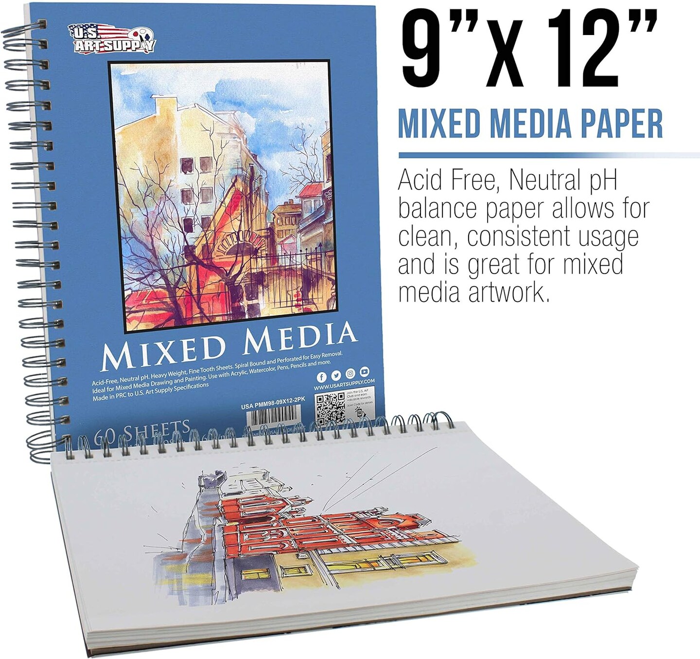 9&#x22; x 12&#x22; Mixed Media Paper Pad Sketchbook, 2 Pack, 60 Sheets, 98 lb (160 gsm) - Spiral-Bound, Perforated, Acid-Free - Artist Sketching, Drawing, Painting Watercolor, Acrylic, Wet &#x26; Dry