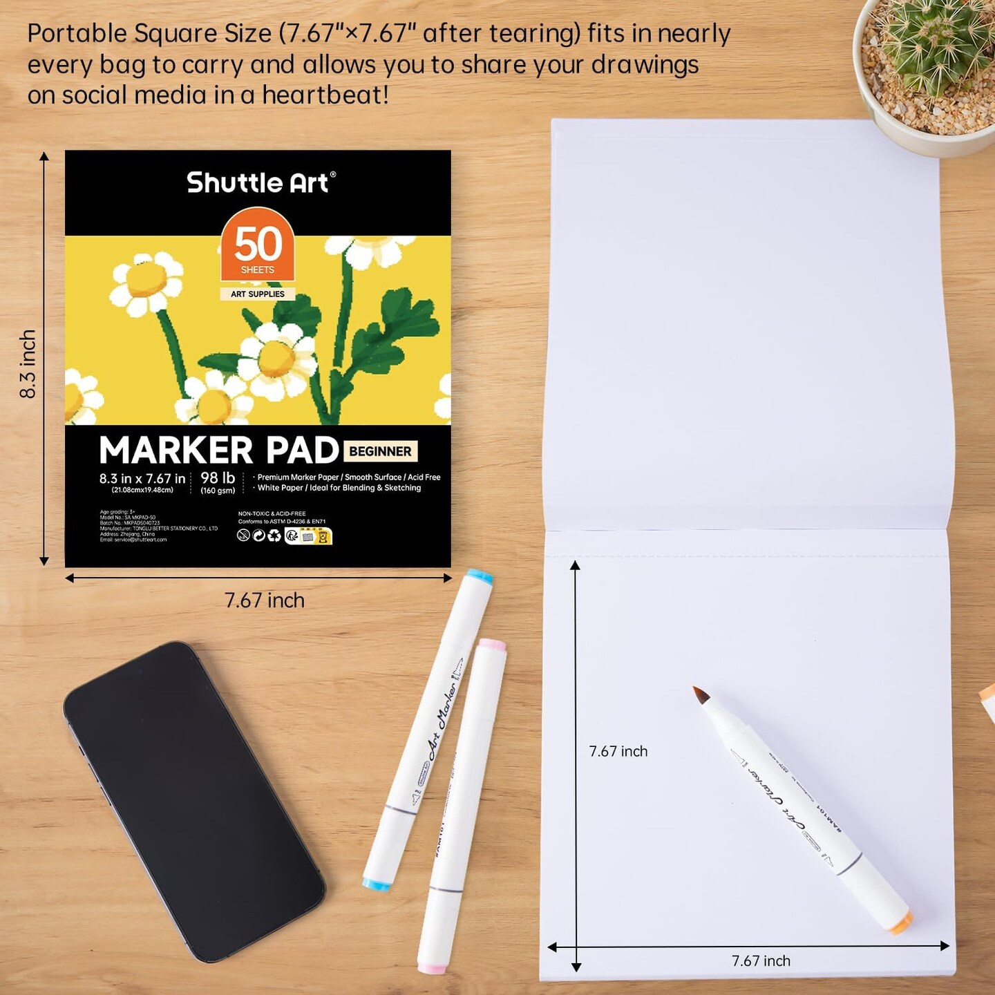 Marker Pad, 8.3&#x201D;x7.67&#x201D; Portable Square Sketchbook, 50 Sheets Marker Drawing Paper, 98LB/160GSM Smooth Surface Bleedproof Art Paper, Glue-Bound, Great for Beginners to Draw, Paint &#x26; Sketch