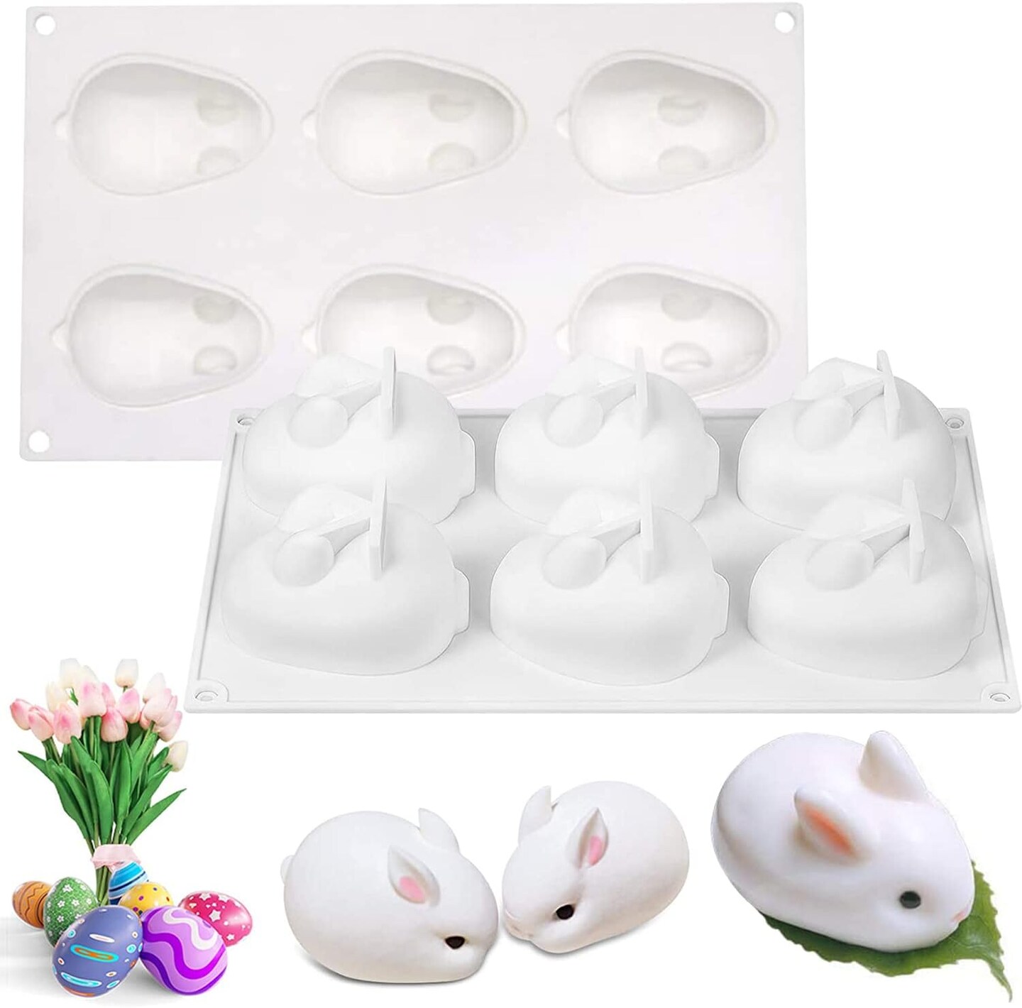 3D Easter Bunny Chocolate Silicone Mold, 6 Cavity Silicone Rabbit Mold, Silicone Chocolate Baking Mould for Easter Pastry Truffle Pudding Jelly Dessert Decoration&#xFF08;1 Pack)