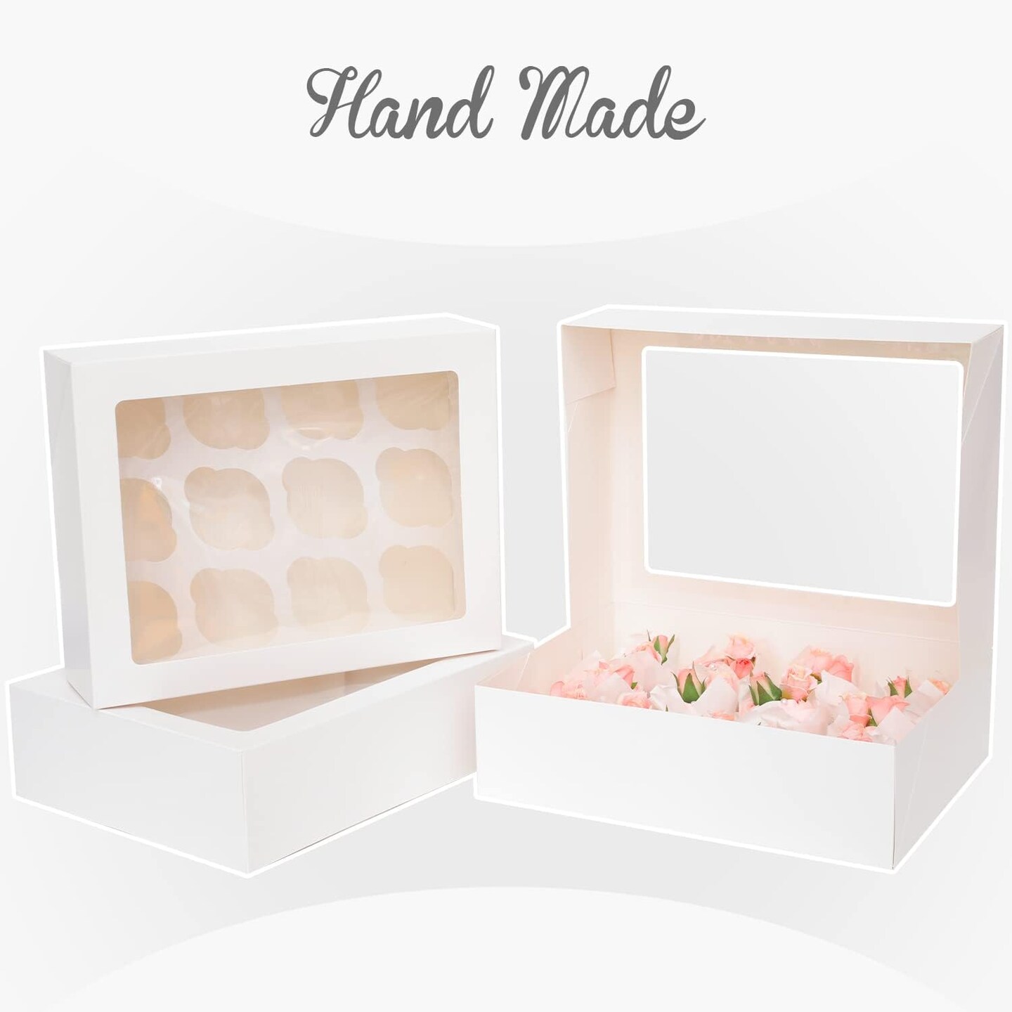 12 Cupcake Containers 20-Packs White Cupcake Box Cupcakes Carrier, 12 Cupcake Boxes with Window 13&#x22;x10&#x22;x3.5&#x22;&#xFF08;Auto-pop up&#xFF09;