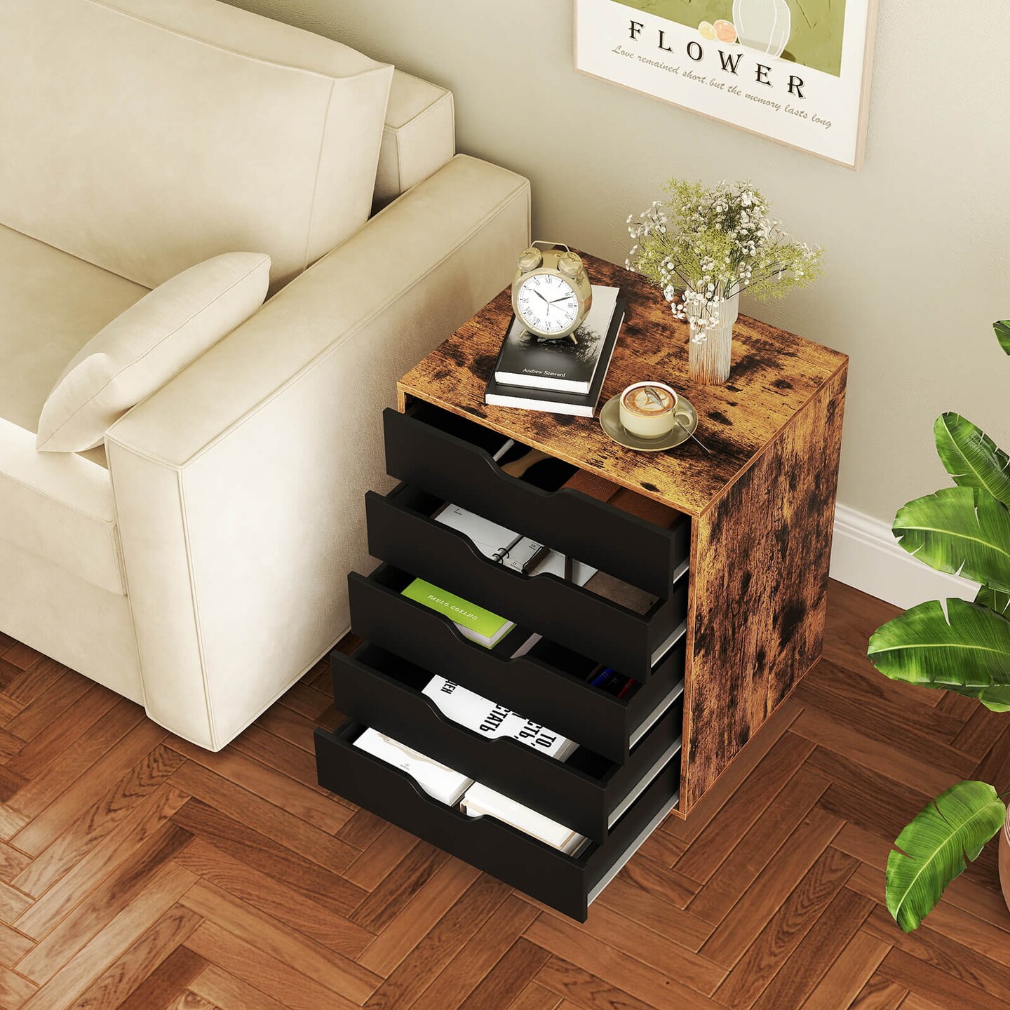 Costway 5 Drawer Chest Storage Dresser Floor Cabinet Organizer with Wheels White/Black/Rustic Brown