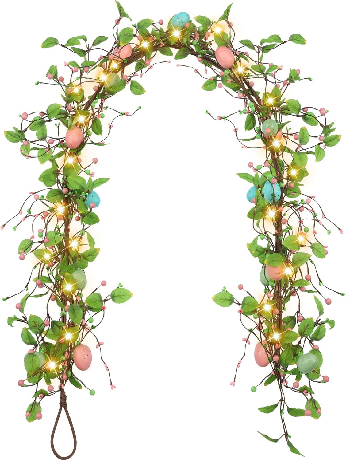 6ft Artificial Easter Egg Garland with LED Lights – Mixed Berry Spring Decor for Mantle & Fireplace
