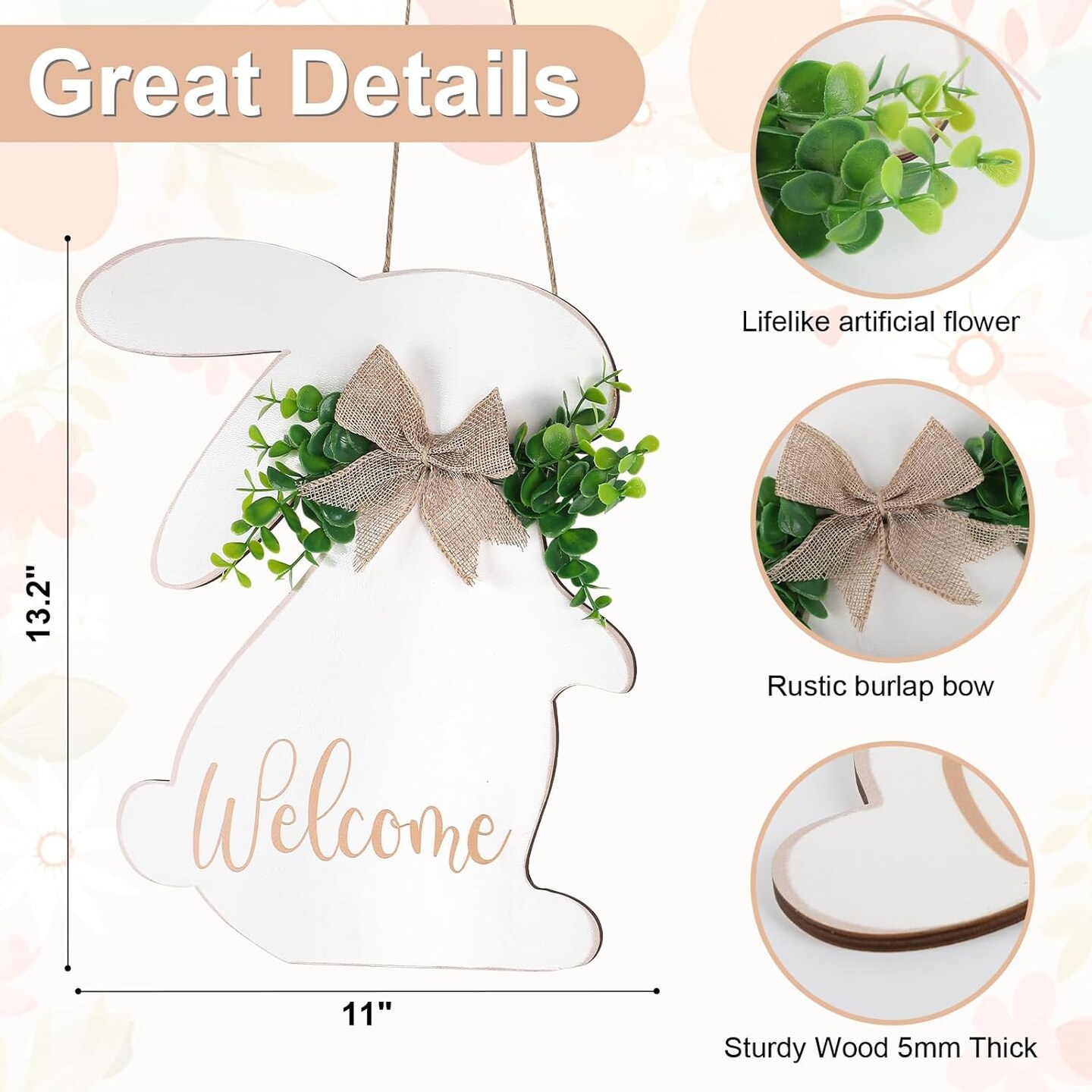 Easter Decorations Door Sign, Wooden Rustic Welcome Easter Front Door Hanger, White Easter Bunny Wreath Hanging For Spring Wall Home Farmhouse Indoor Outdoor Decor (Bunny)
