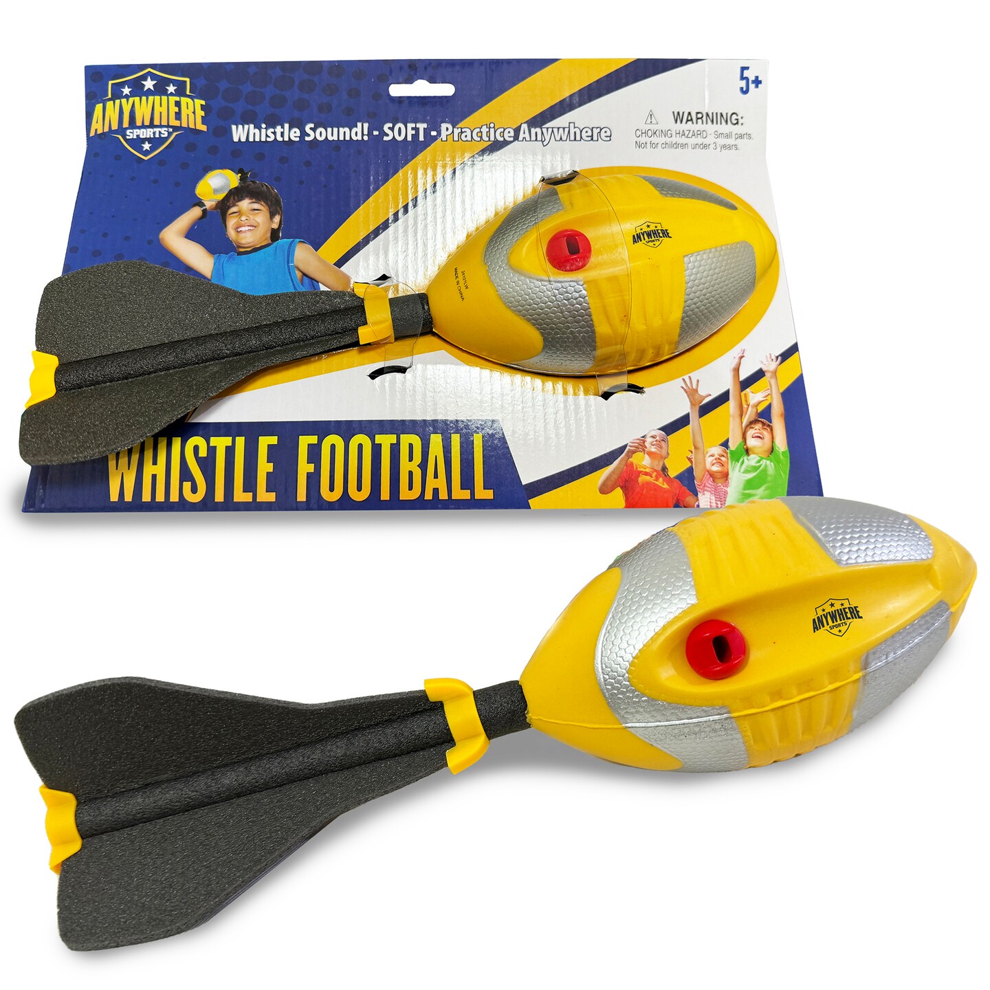 Anywhere Sports: Whistle Football - 12&#x22; Squishy Foam Ball, Super Soft, Easy To Grip, Loud Sound When Thrown, Long Flight, Indoor-Outdoor Play, Kids 5+