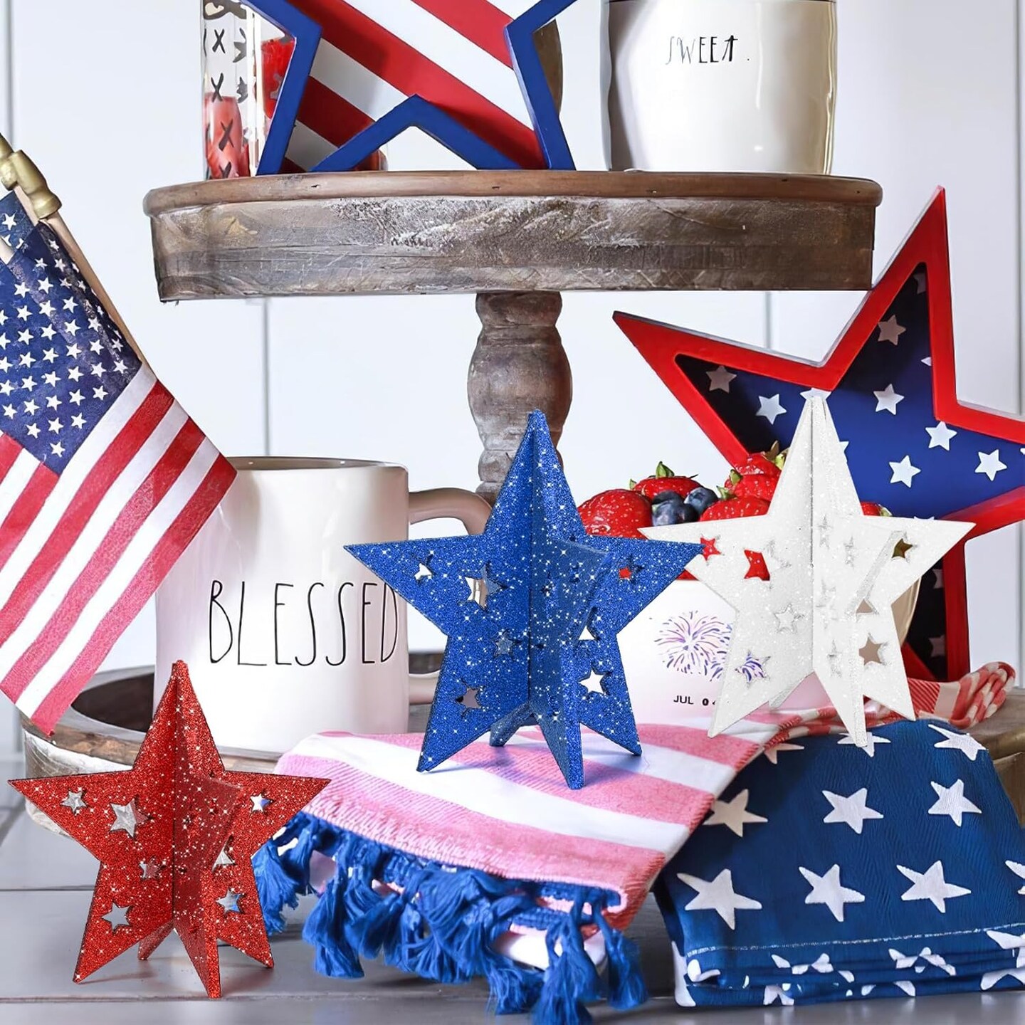 Labor Day Decorations Wooden Stars Set, 3D Glitter Star Memorial Day Tabletop Decor, 4th of July Red White Blue Patriotic Decoration for Home Table Desk Door Shelf (Cutout, Set of 3)