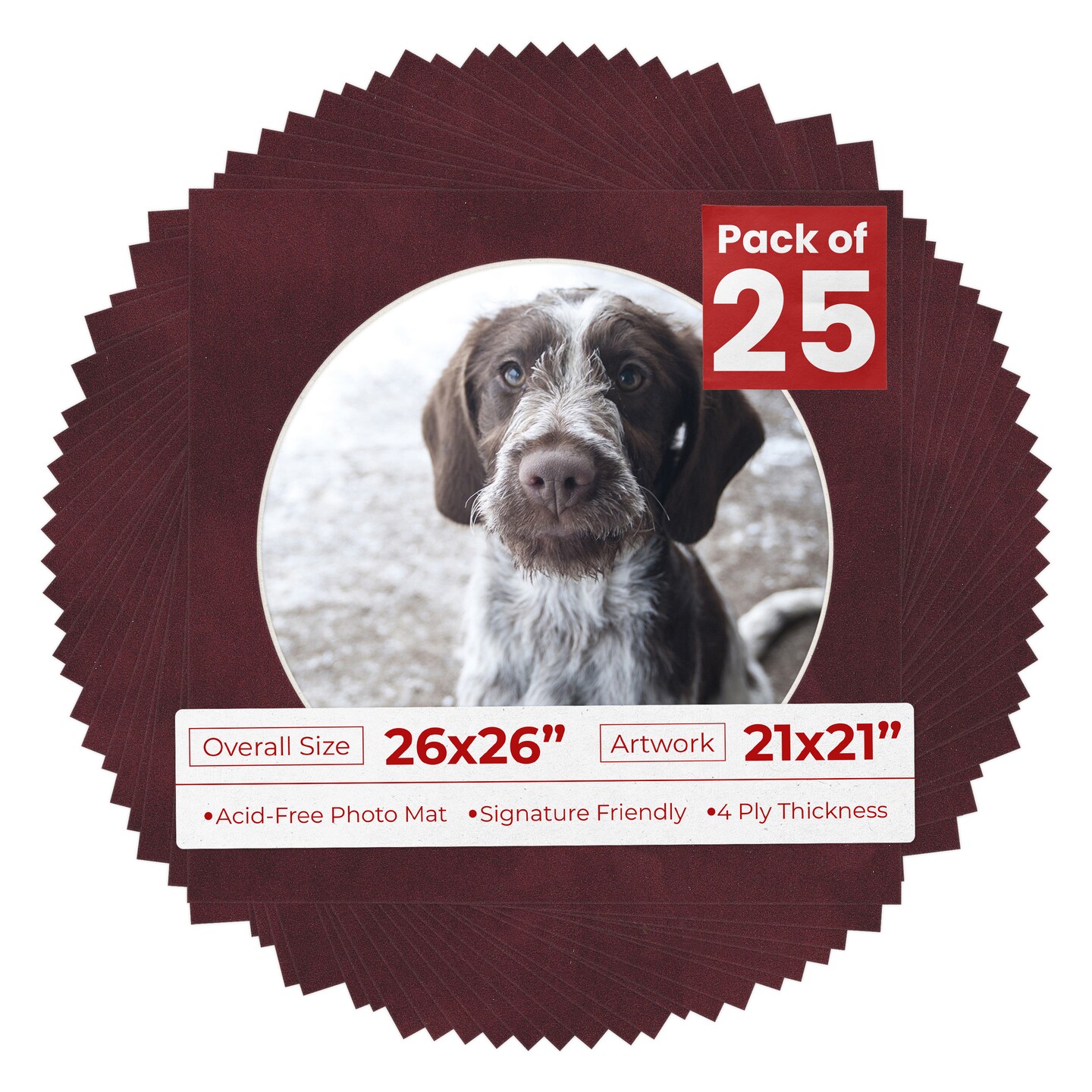 Dark Red Suede Mat Board for 26x26 Frames - Circle Opening for 21x21 Photos