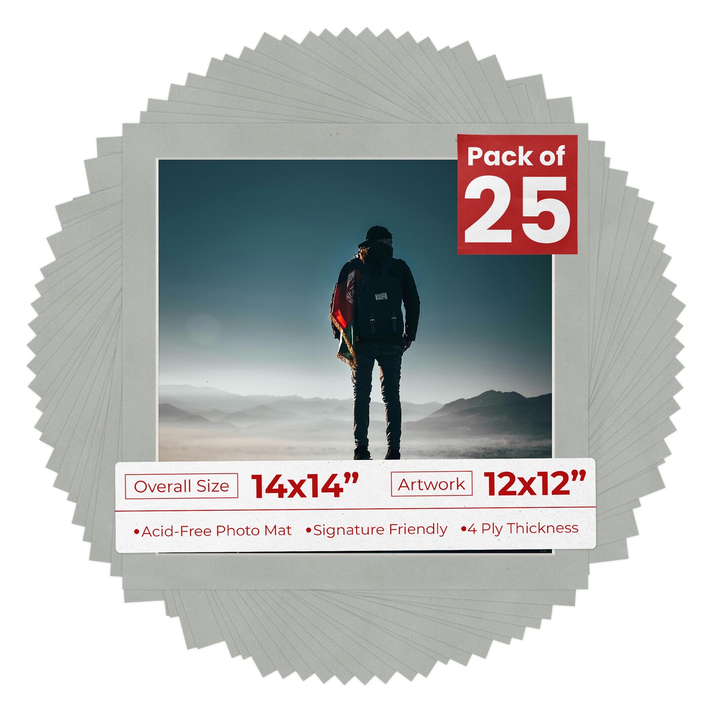 Light Grey Suede Mat Board for 14x14 Frames - Fits 12x12 Photos