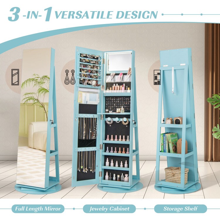 Freestanding Jewelry Armoire with Mirror Lockable LED Lights Swivel Base