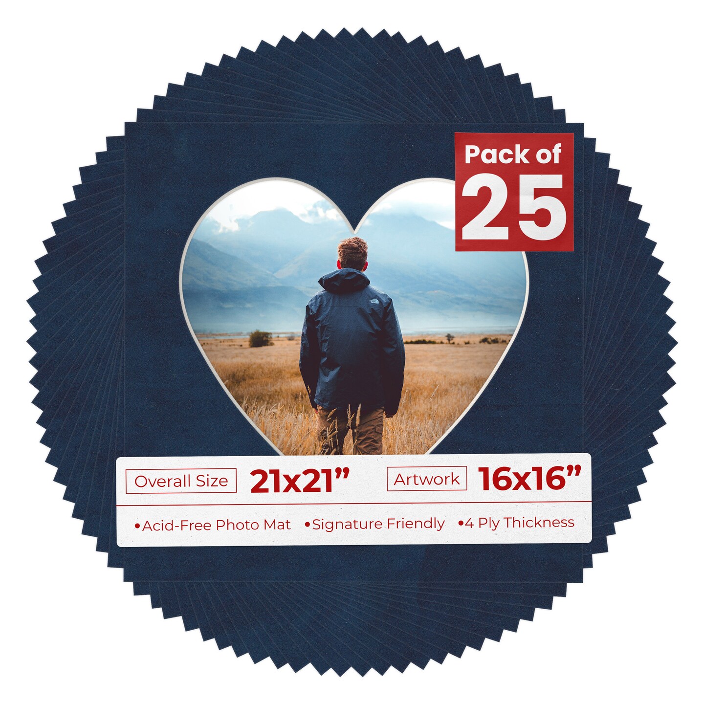 Navy Suede Mat Board for 21x21 Frames - Heart Opening for 16x16 Photos