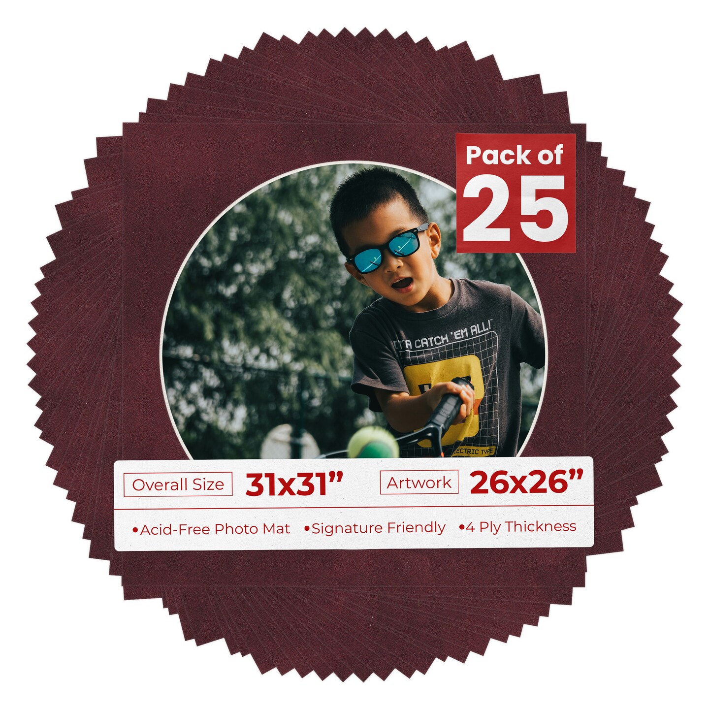 Dark Red Suede Mat Board for 31x31 Frames - Circle Opening for 26x26 Photos