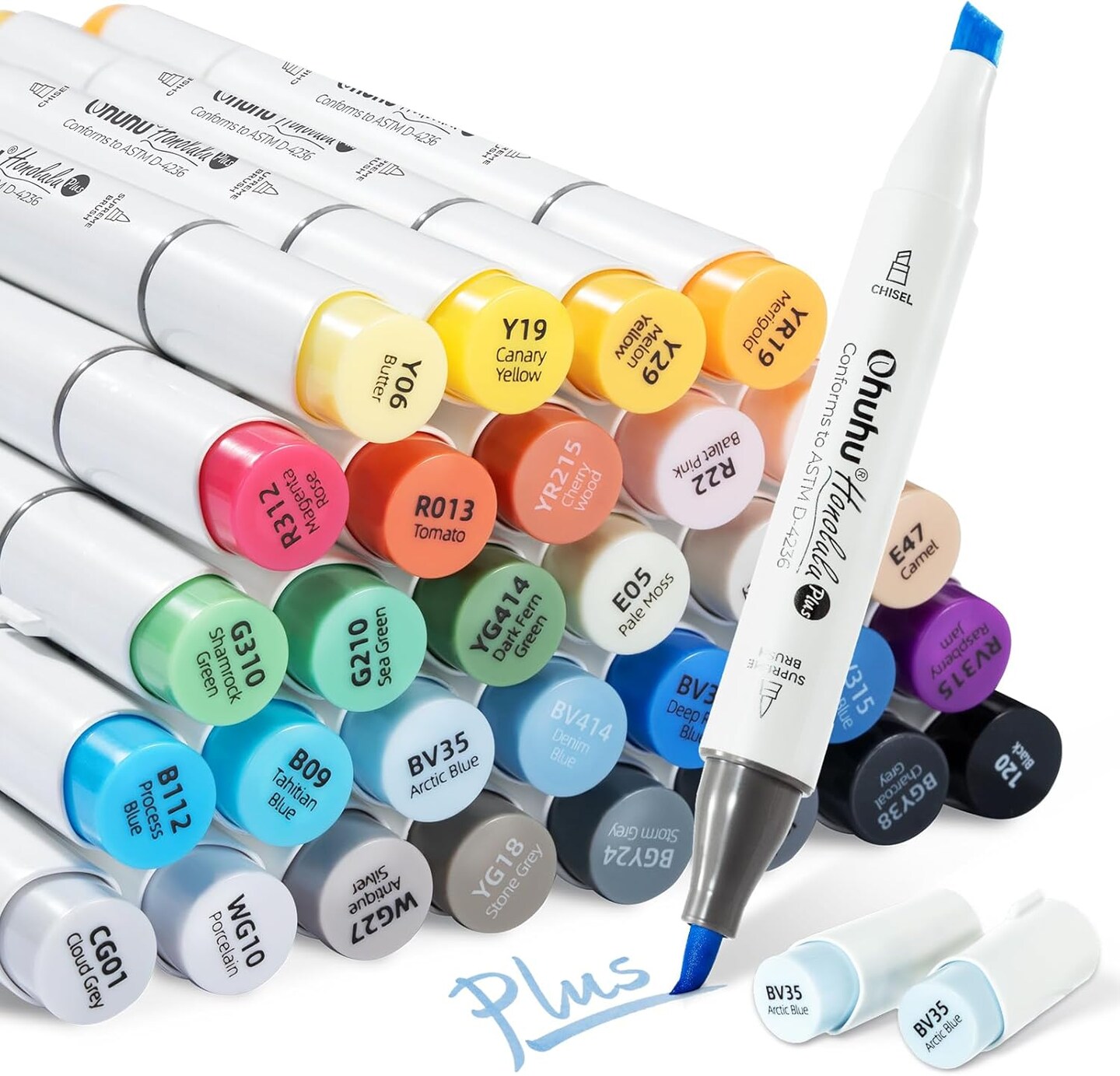 Ohuhu Alcohol Markers Brush Tip: 36-Color Supreme Brush &#x26; Chisel Double Tipped Art Marker Set for Artist Adults Coloring Illustrations Sketching- Honolulu Plus- Refillable