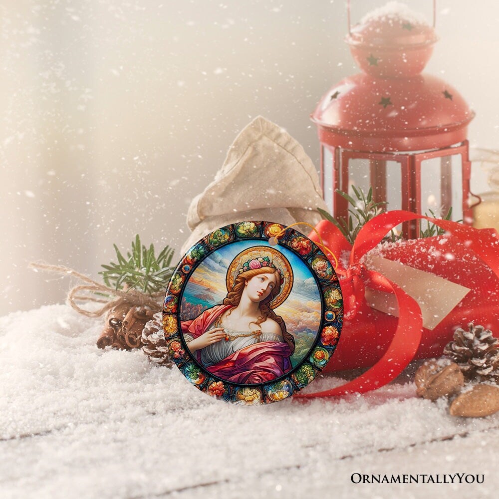 Beautiful Woman Stained Glass Themed Renaissance Italy Painting Ornament, Medieval Christmas Gift and Decor