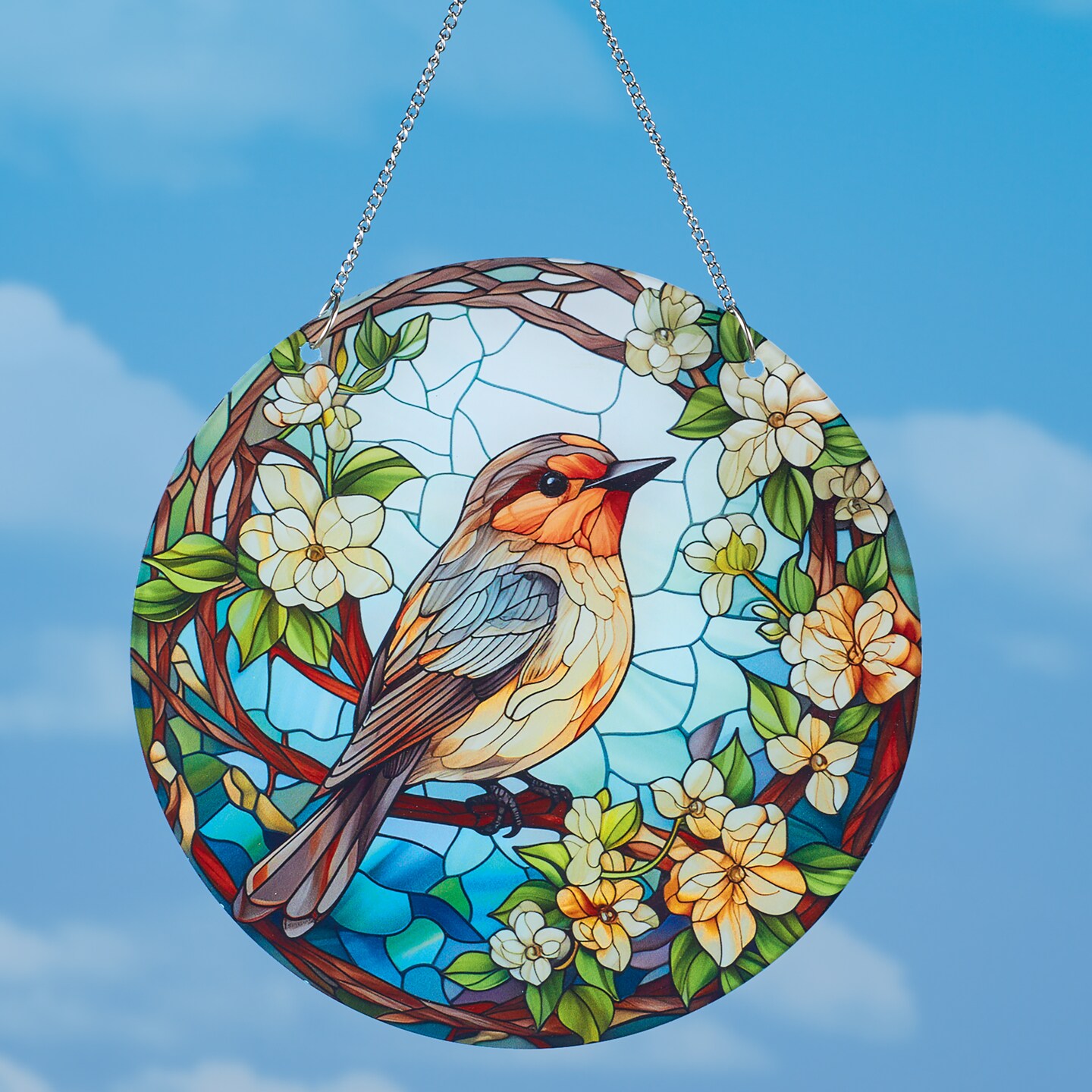 Collections Etc Hanging Stained Glass Style Floral Robin Suncatcher Decoration