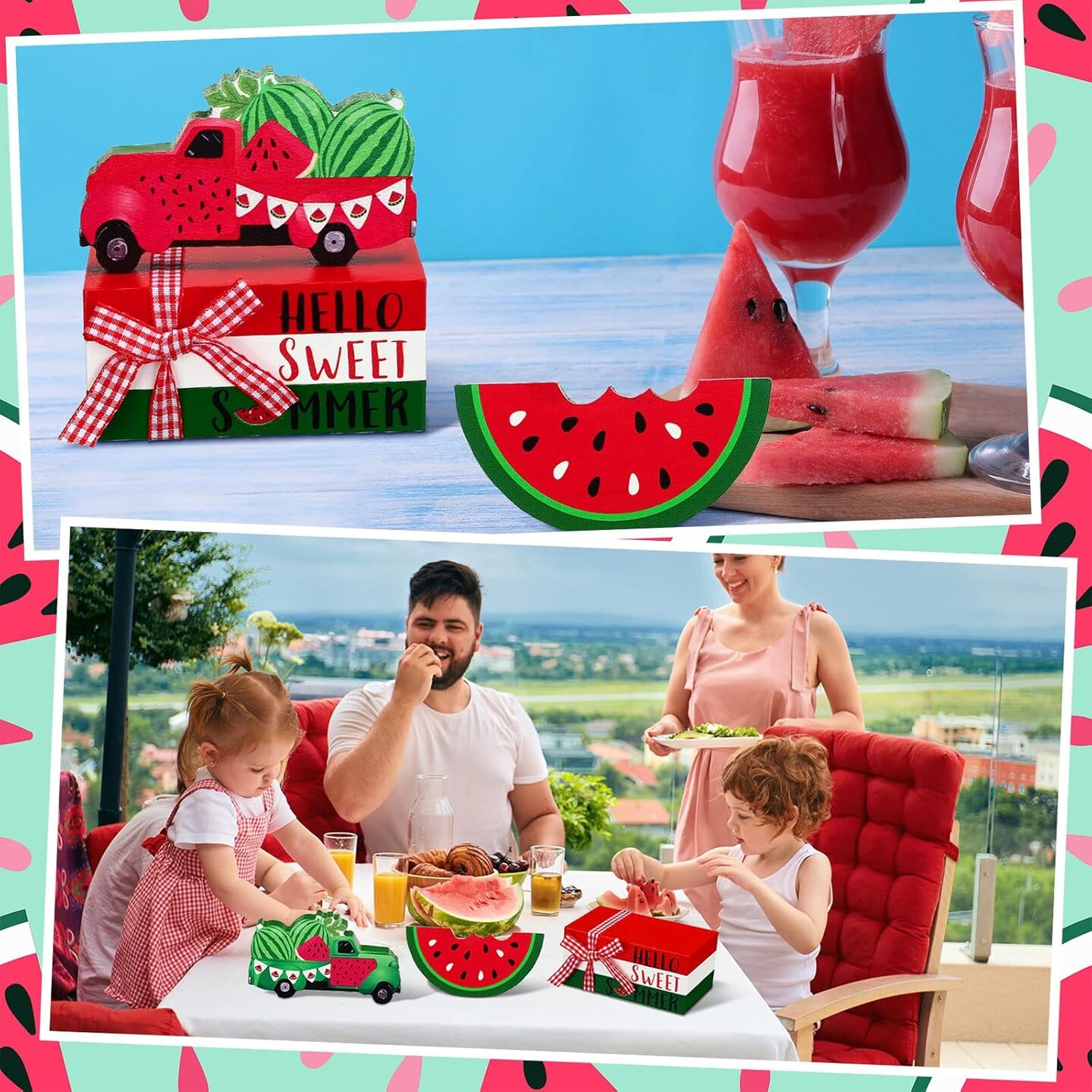 5 Pcs Watermelon Table Decorations Summer Tiered Tray Decor Mini Wooden Decorative Books Stack with Twine with Wood Truck Sign for Home Kitchen Shelf Tabletop Centerpieces
