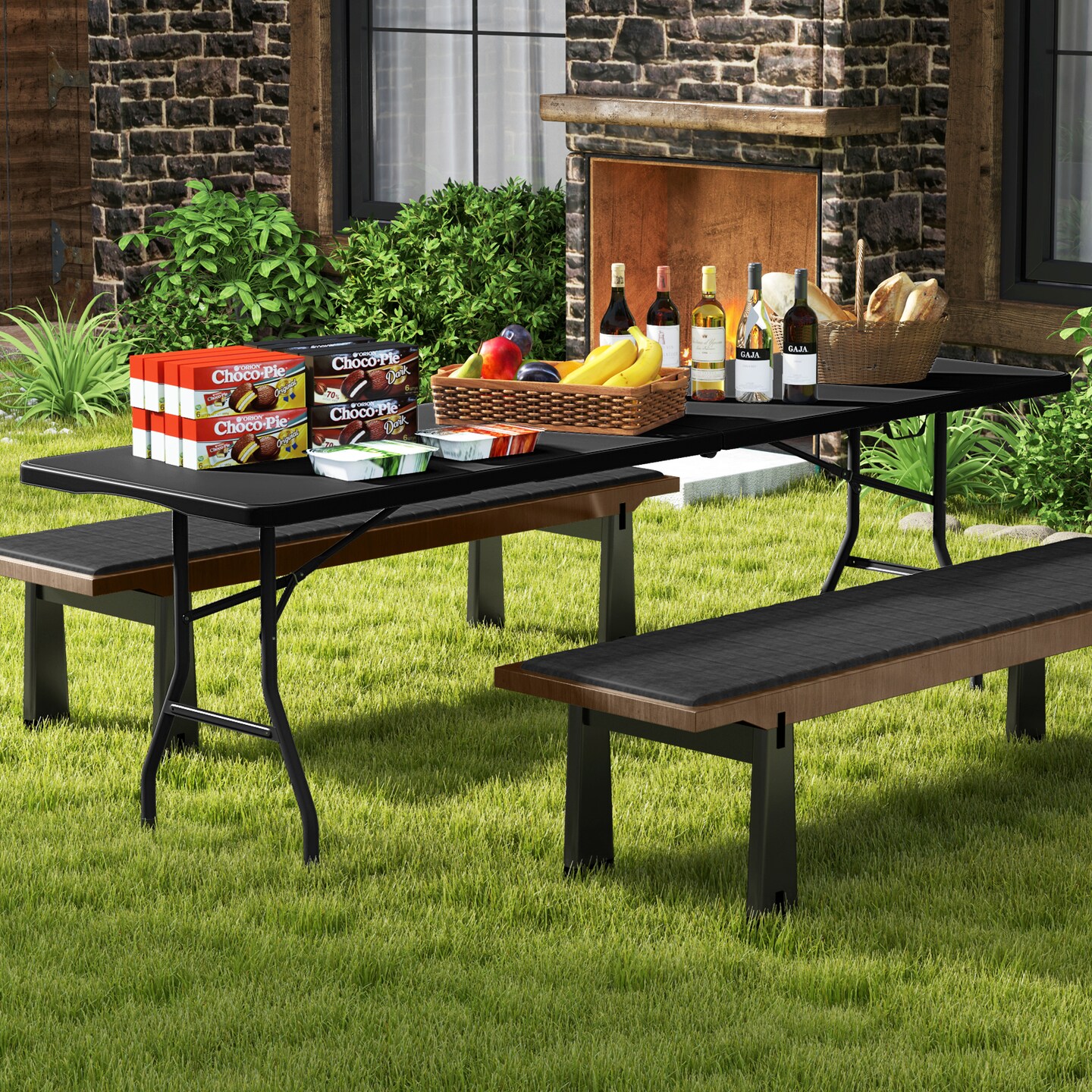 8 Feet Patio Portable Fold-in-Half Table with Robust Metal Legs and Joint Safety Lock
