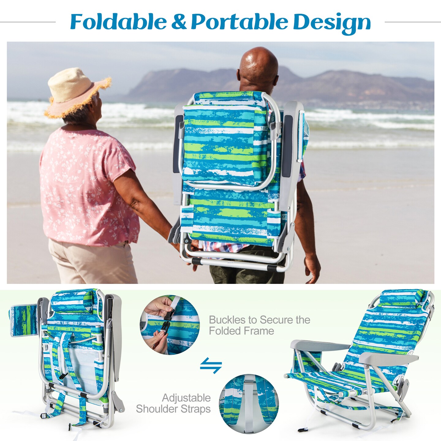 Aluminum Reclining Beach Chairs with Storage Set of 2