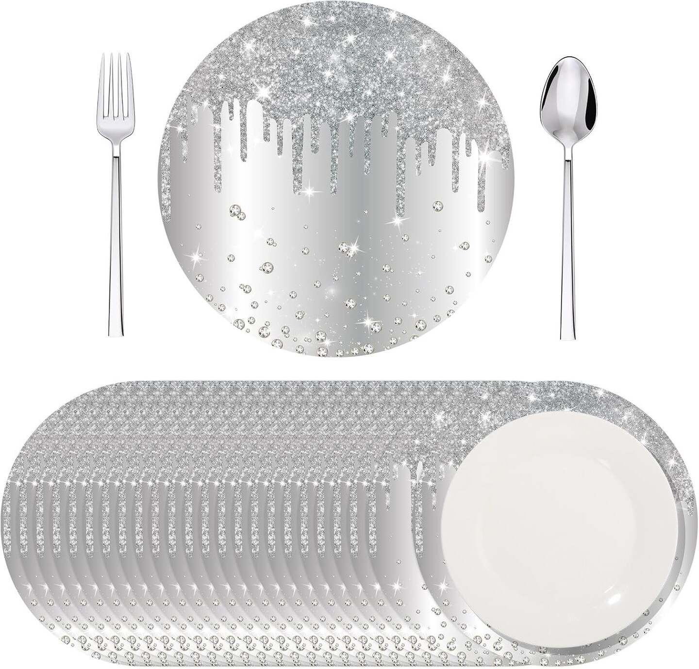 120 Pieces Silver Paper Placemats Glitter Diamonds Round Disposable Table Mats Decorative Paper Mats for Dining Wedding Birthday Silver Glitter Banquet Party, 11.8 Inch
